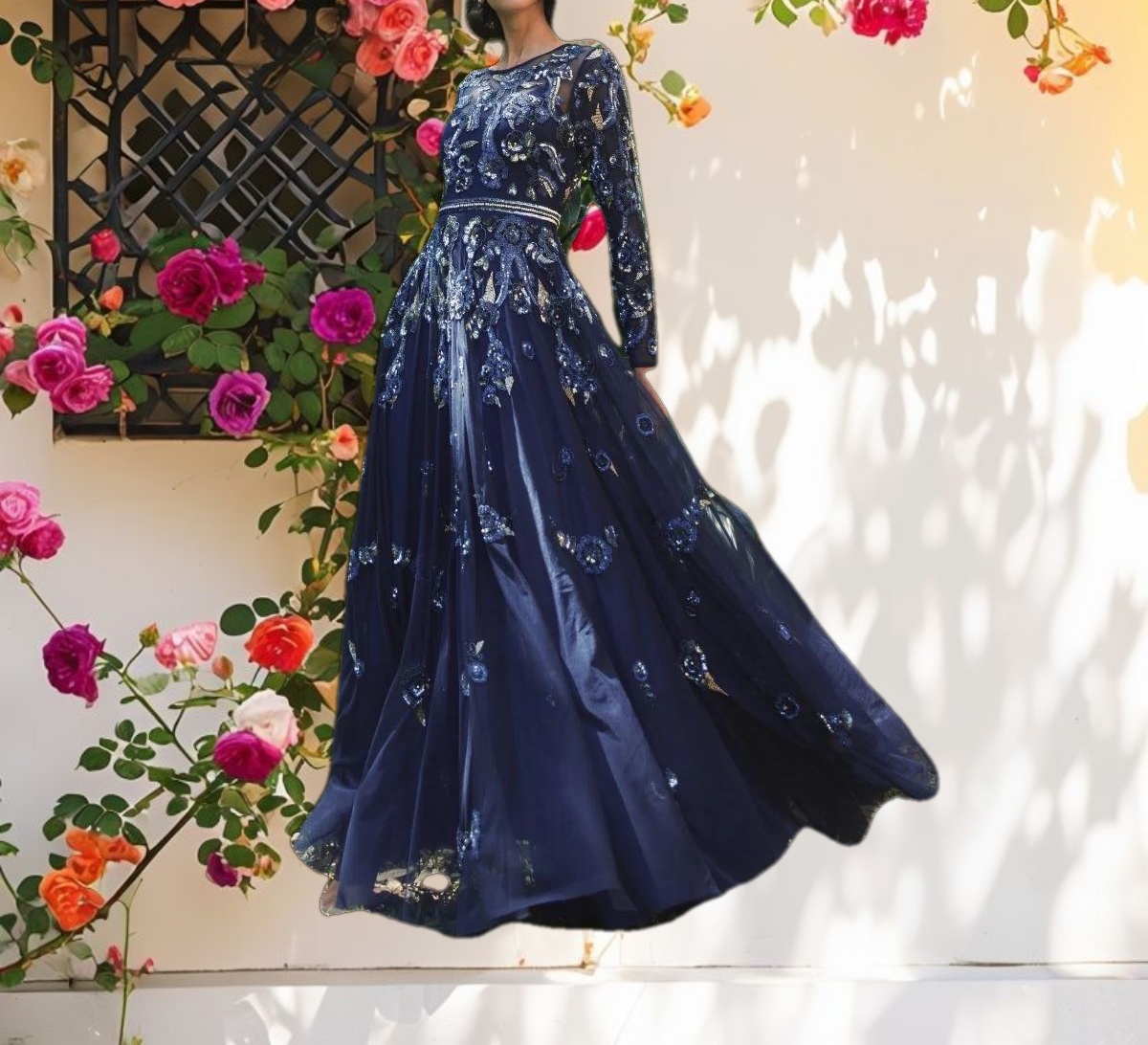 Long Sleeve High Neck Floral Beaded A Line Mesh Gown