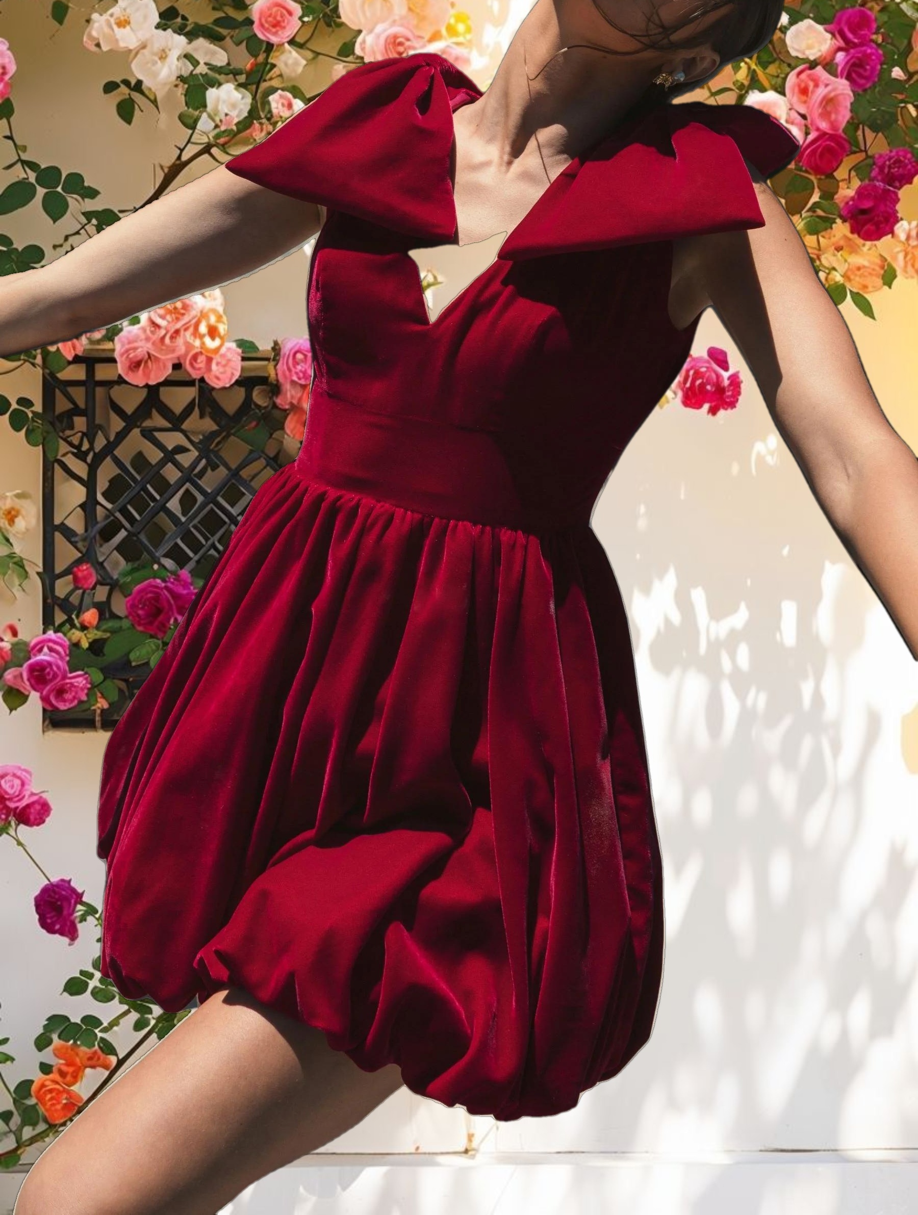 Red Shoulder Bow Velvet Bubble Mini Dress