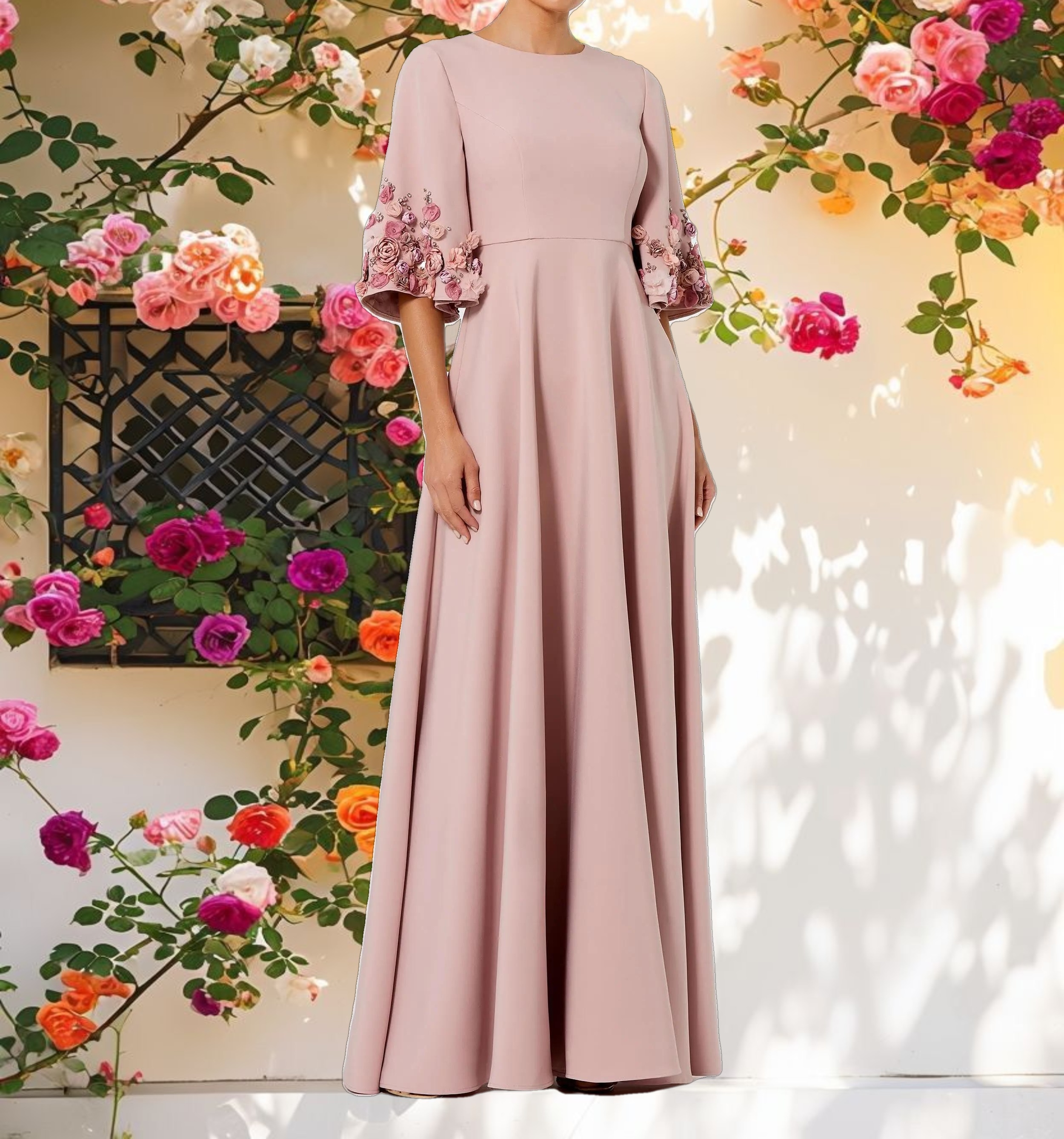 Pink Crepe 3/4 Sleeve A Line Gown With Flower Trim