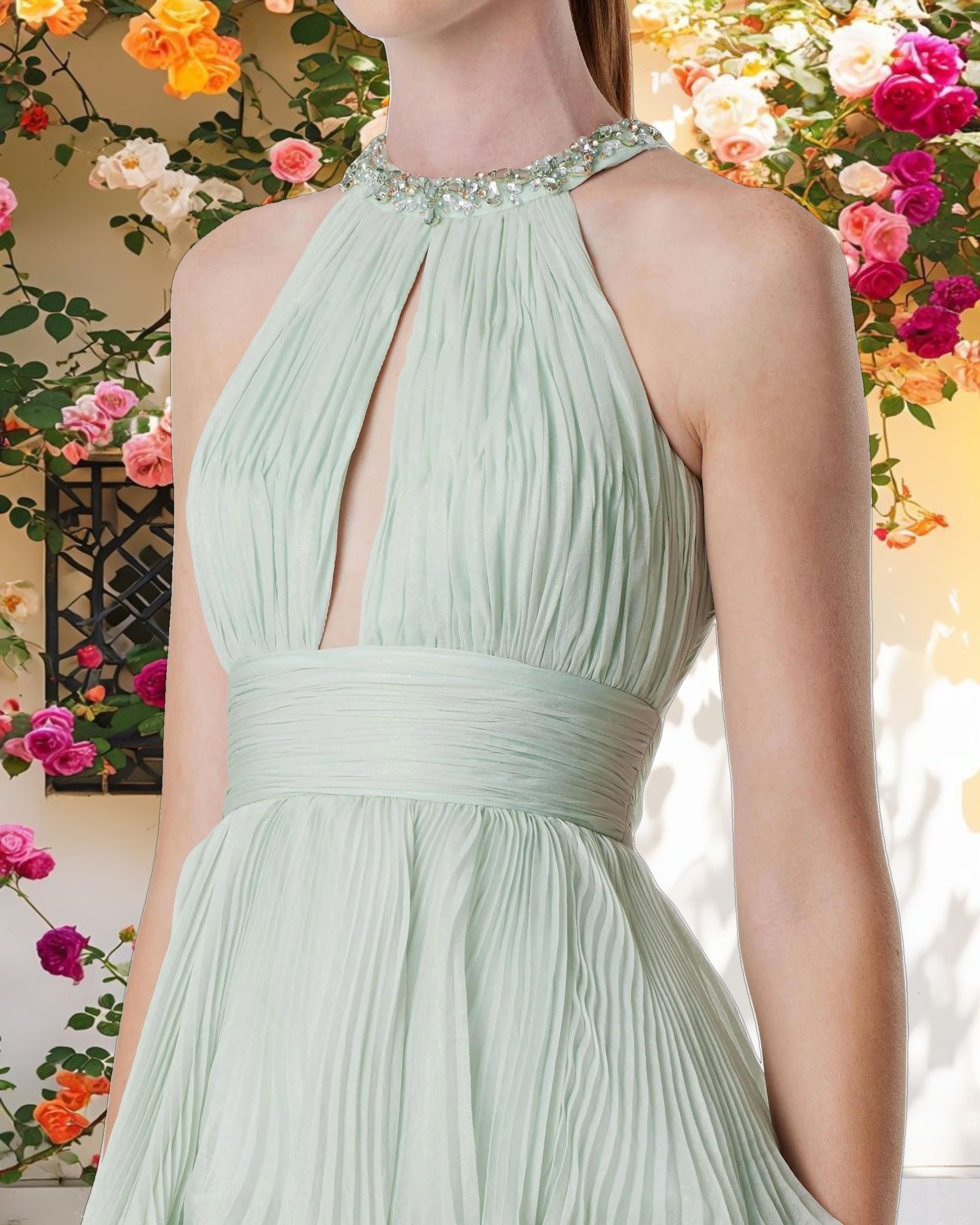 Green High Neck Chiffon Tiered Gown with Cut Out