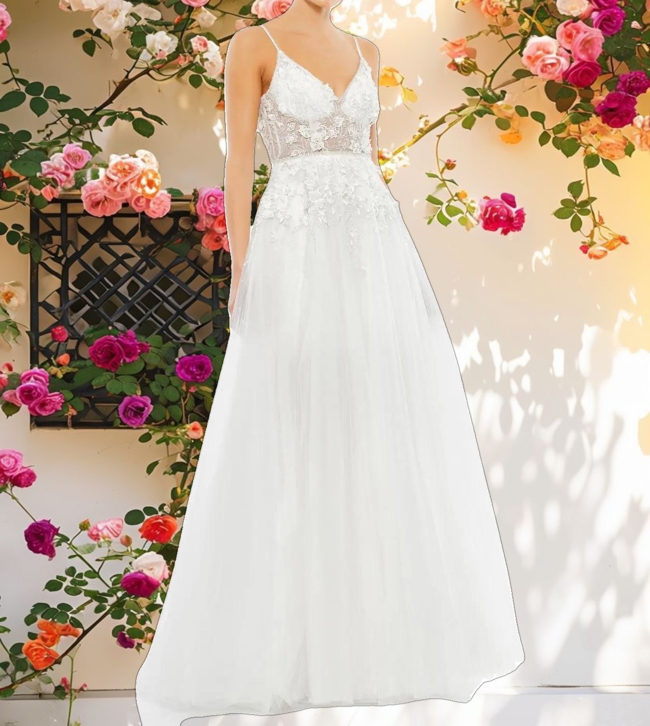 White Applique V Neck Sleeveless Open Back A Line Gown