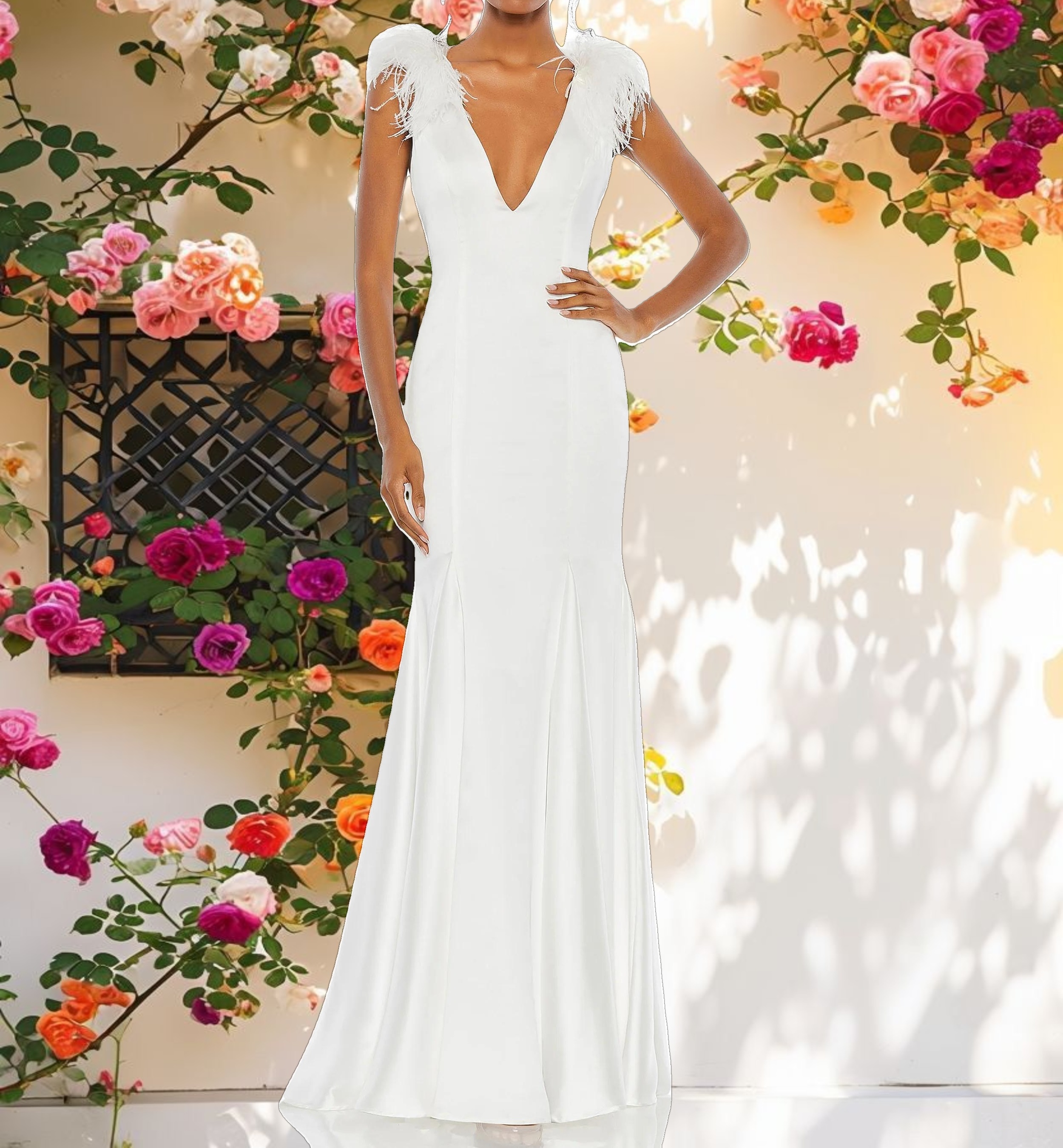 Feather Shoulder V Neck Column Gown