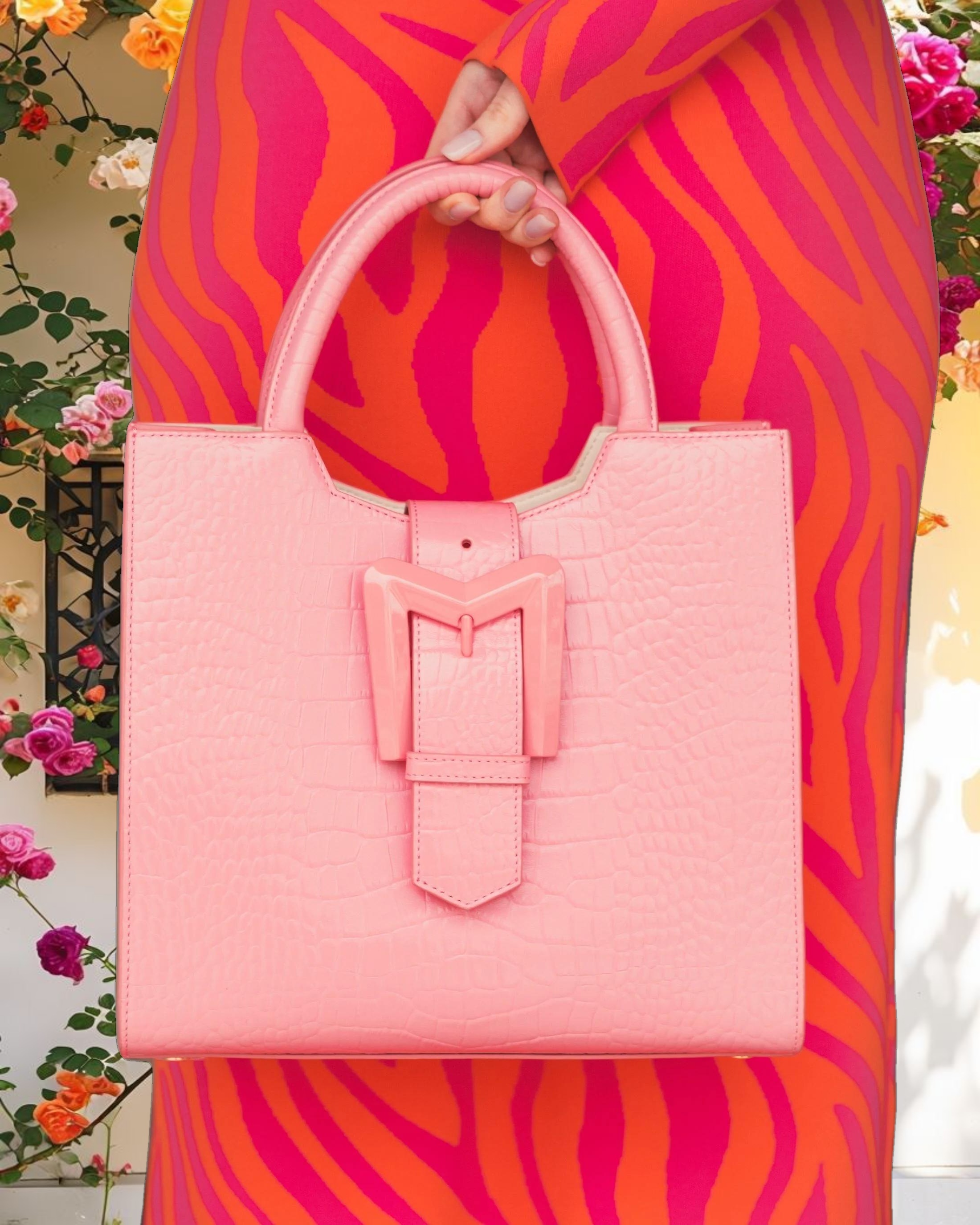 Buckled Medium Croco Hibiscus Leather Tote Bag with Detachable Strap