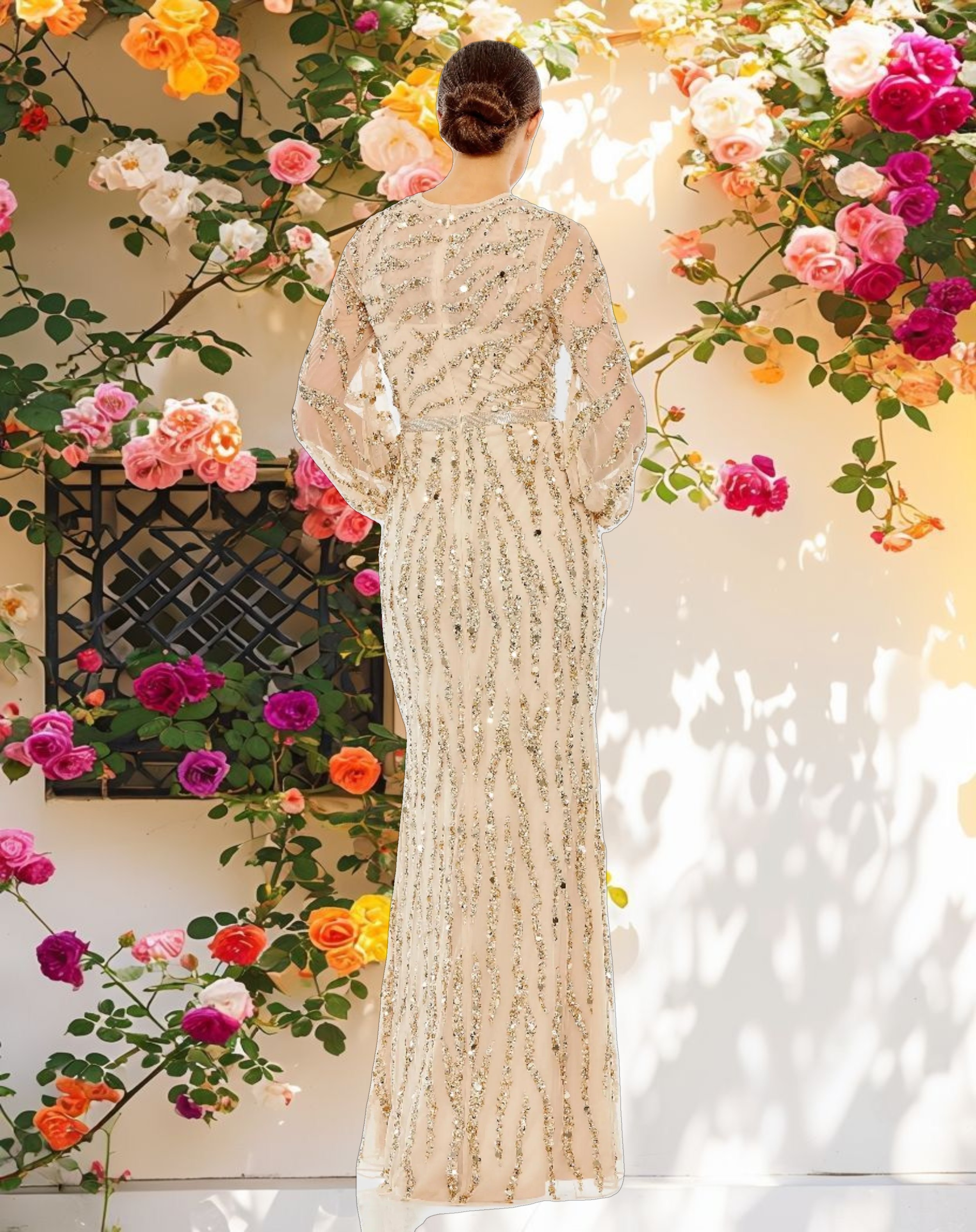 Embellished High Neck Puff Sleeve Trumpet Gown