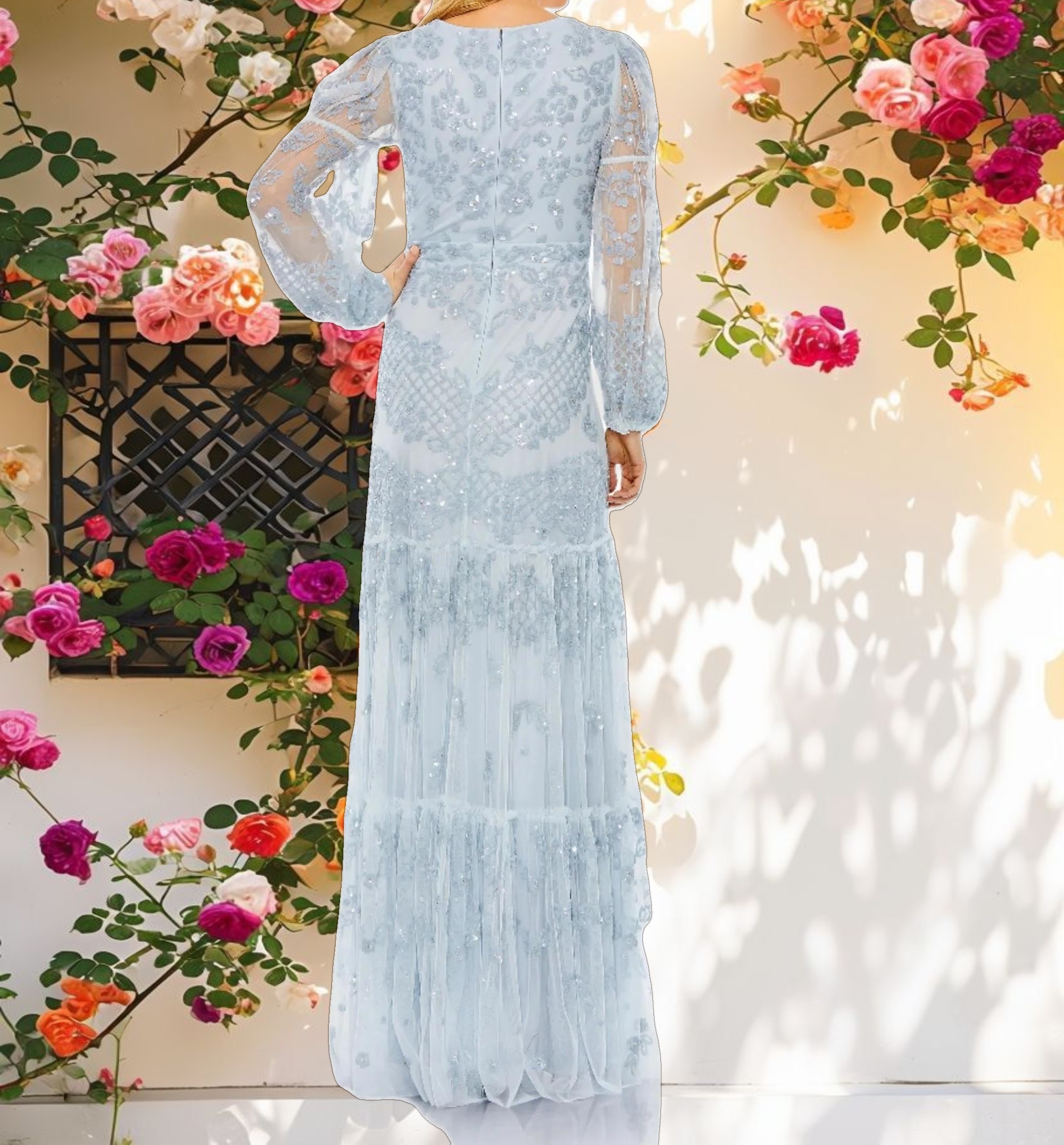 Blue Sequined Tiered Wrap Over Puff Sleeve Gown