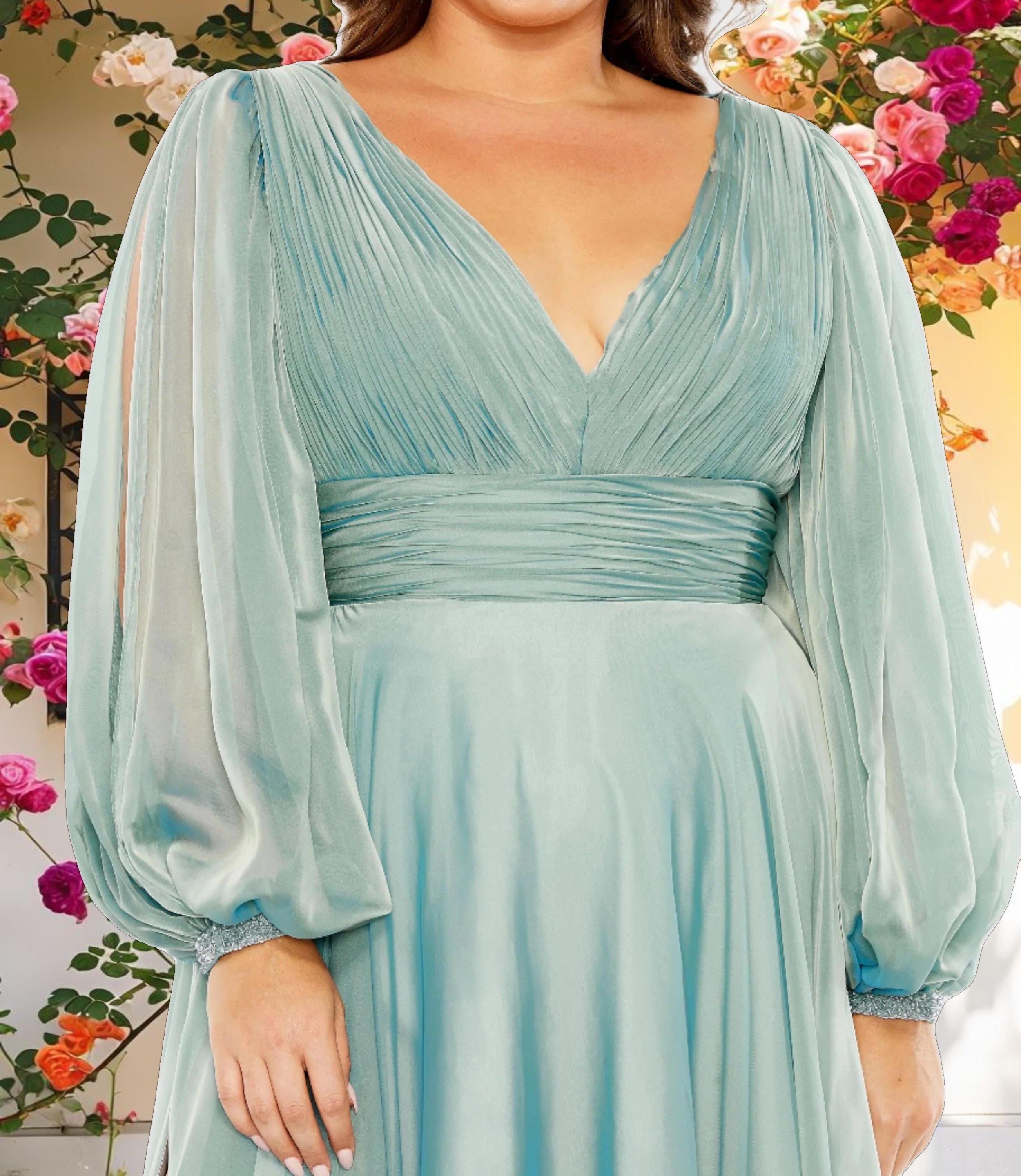 Ethereal Puff Sleeve w/ Embellished Cuff V Neck Gown