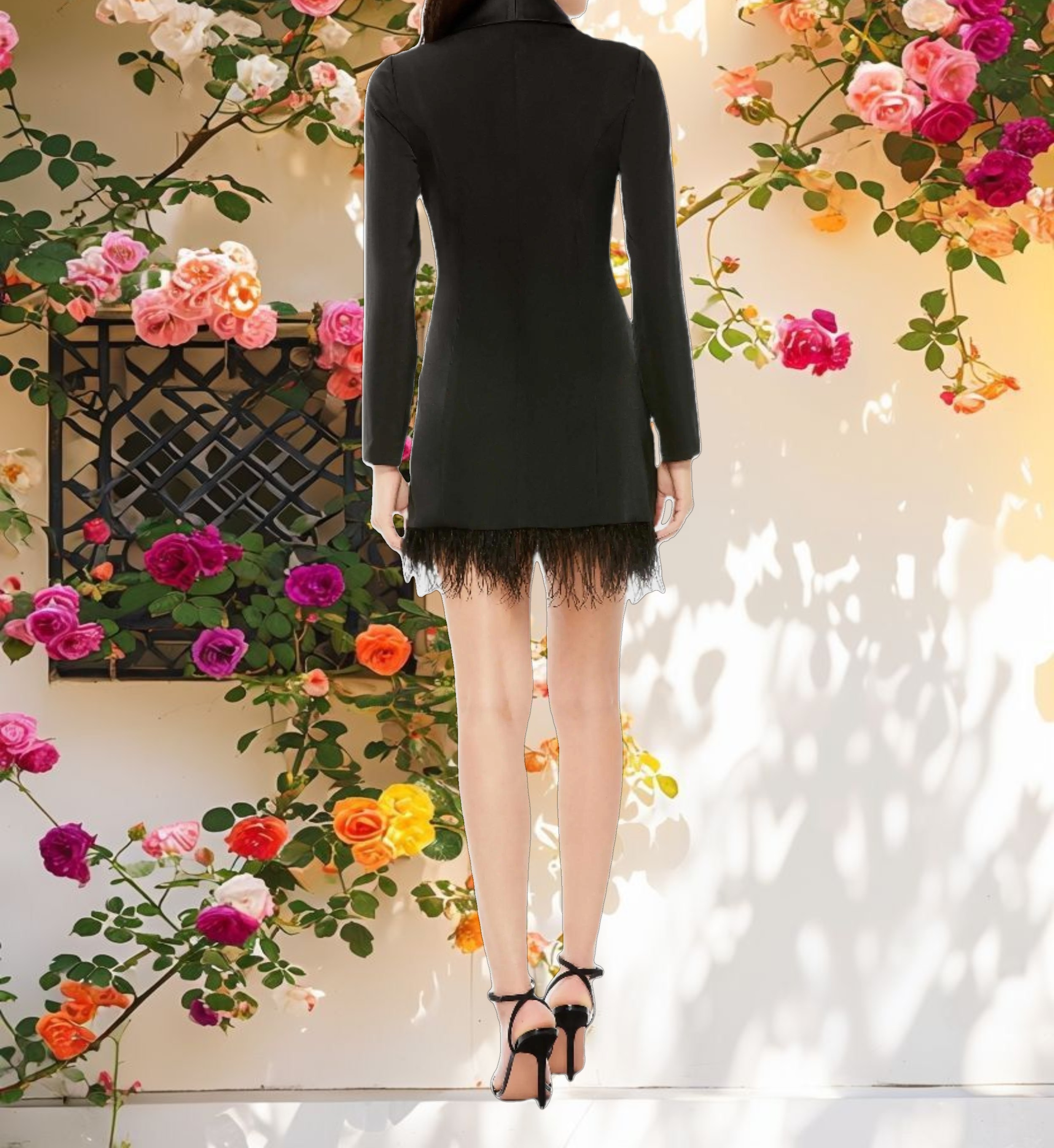 Black Feathered Trim Tuxedo Dress