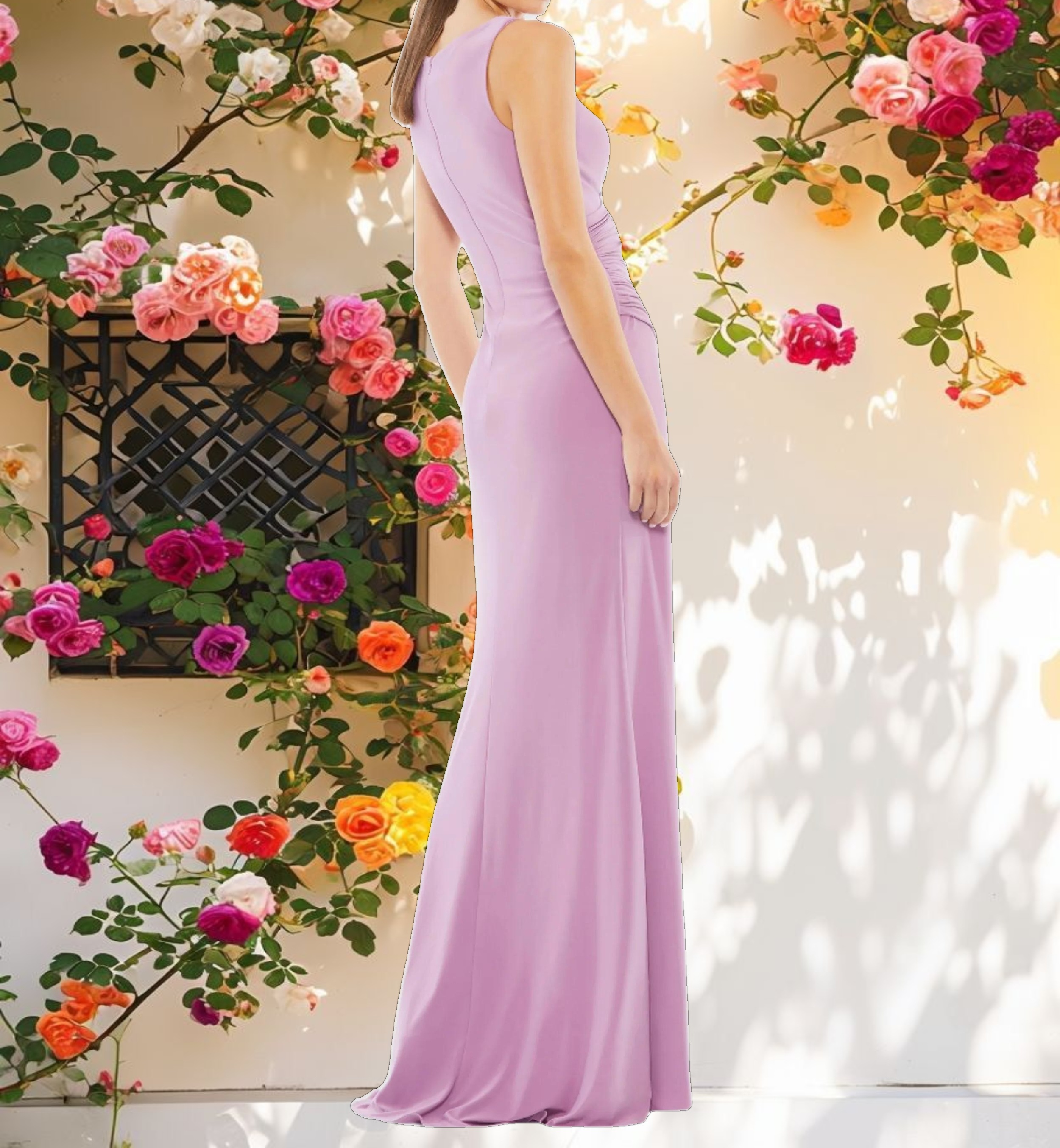 Purple Ruched Stretch Jersey V Neck Gown