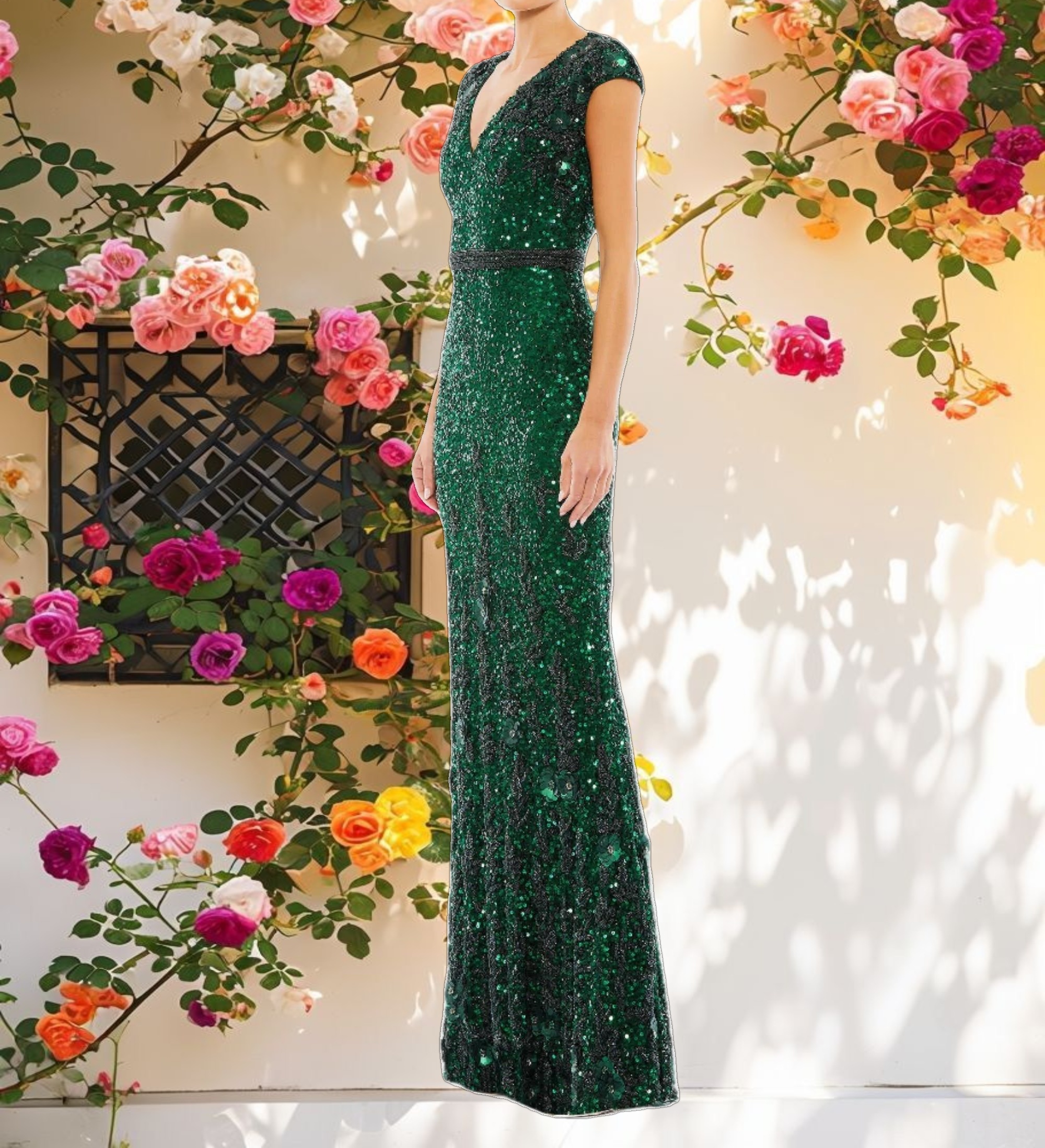 Green Embellished V Neck Cap Sleeve Sequin Gown