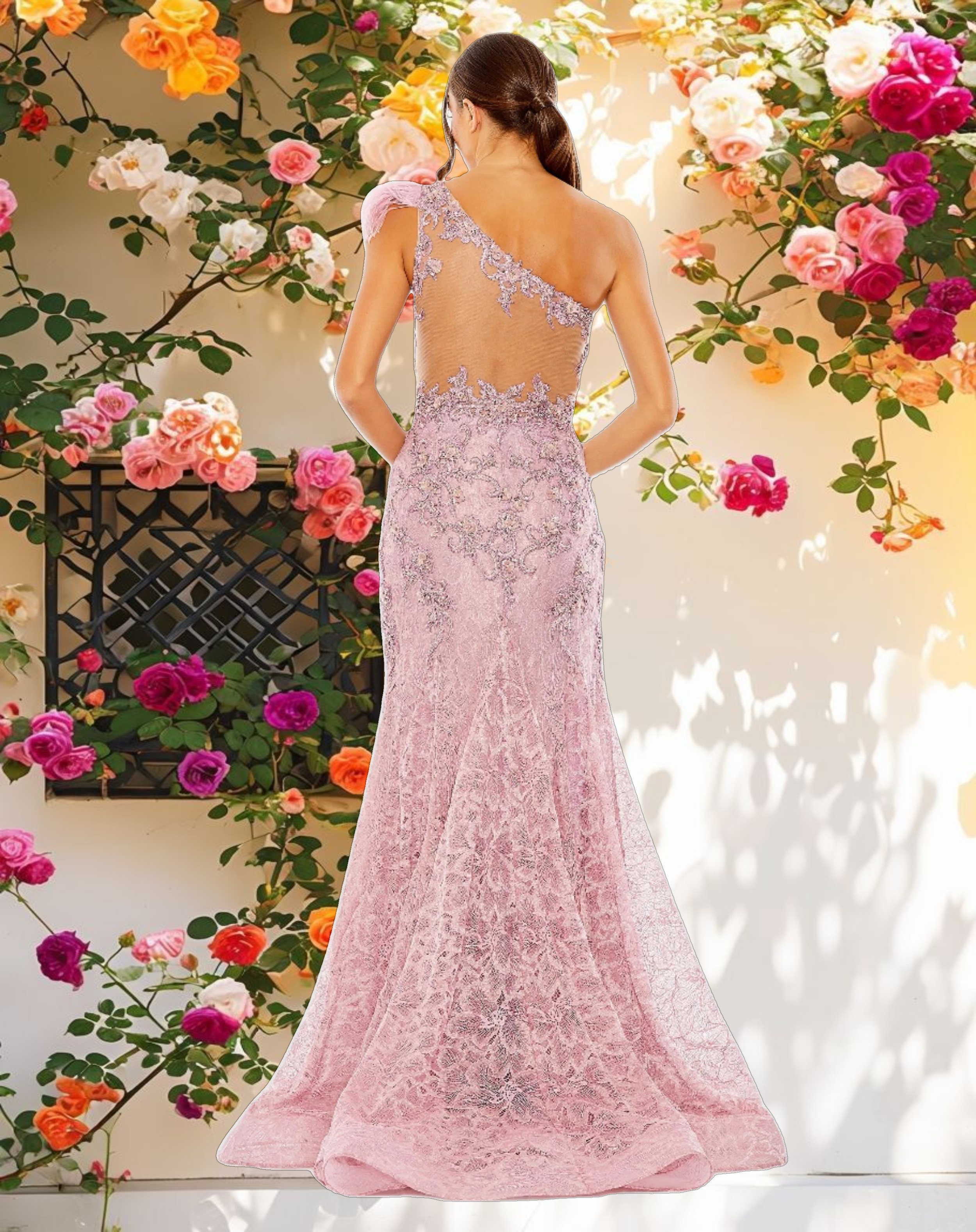 Pink Embroidered Applique Feathered One Shoulder Trumpet Gown