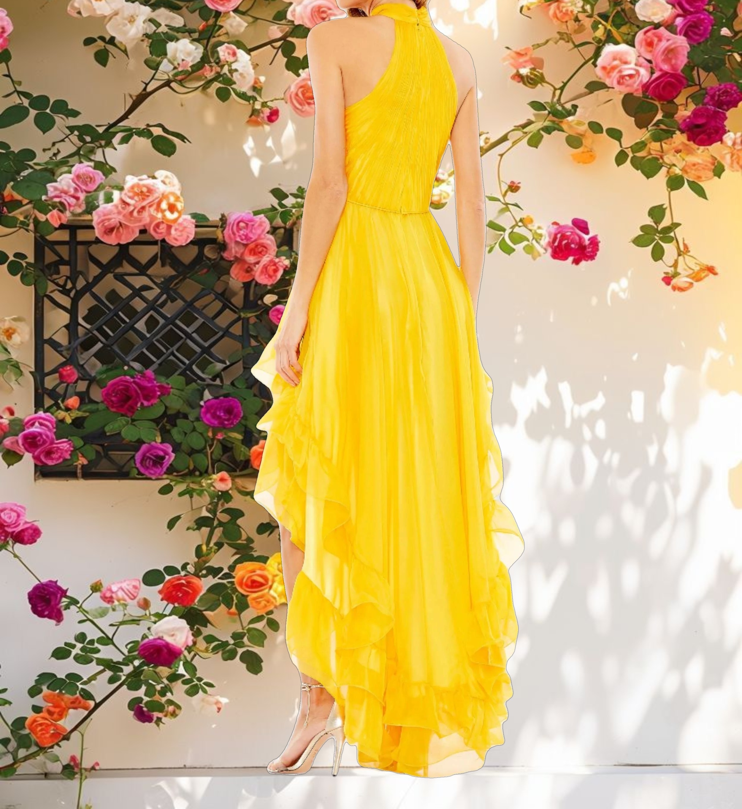 Golden Ruffle Tiered High Low Pleated Halter Neck Gown