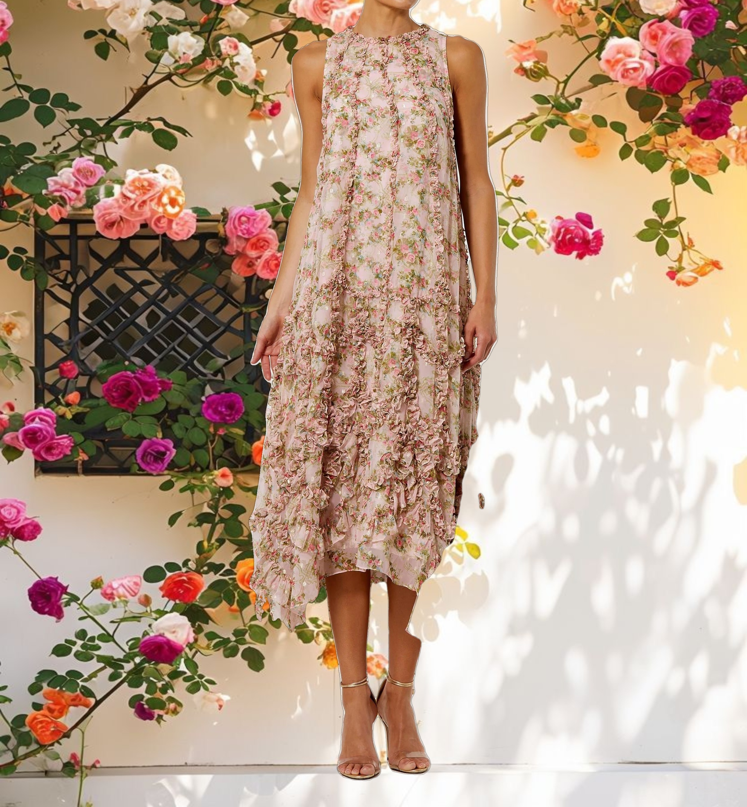 Pink Sleeveless Floral Chiffon Micro Ruffle Midi Dress