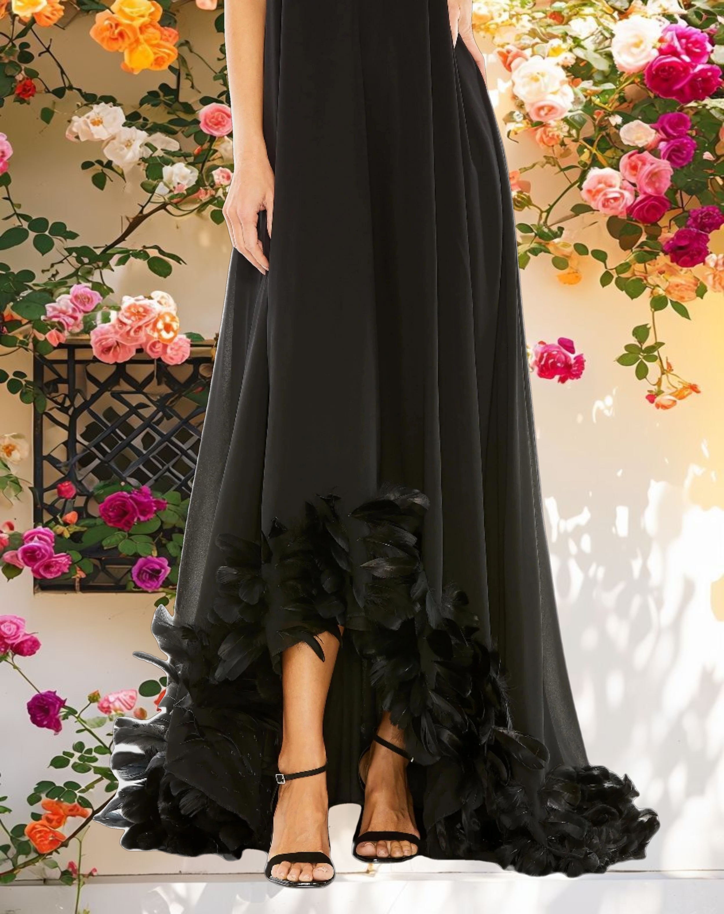 Black Strapless Flare Feather Hem Gown