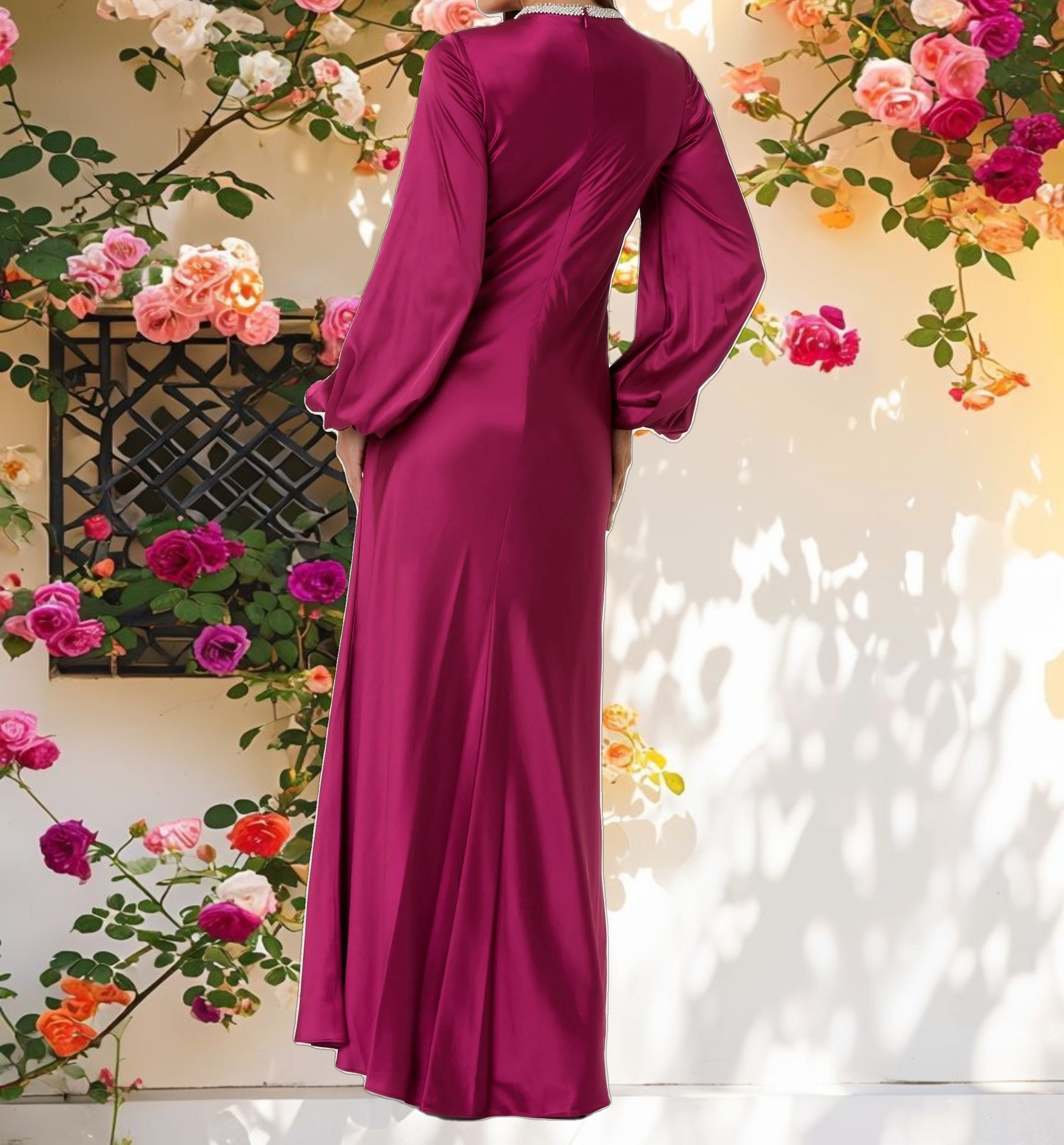 Purple Beaded High Neck Bishop Sleeve Satin Gown