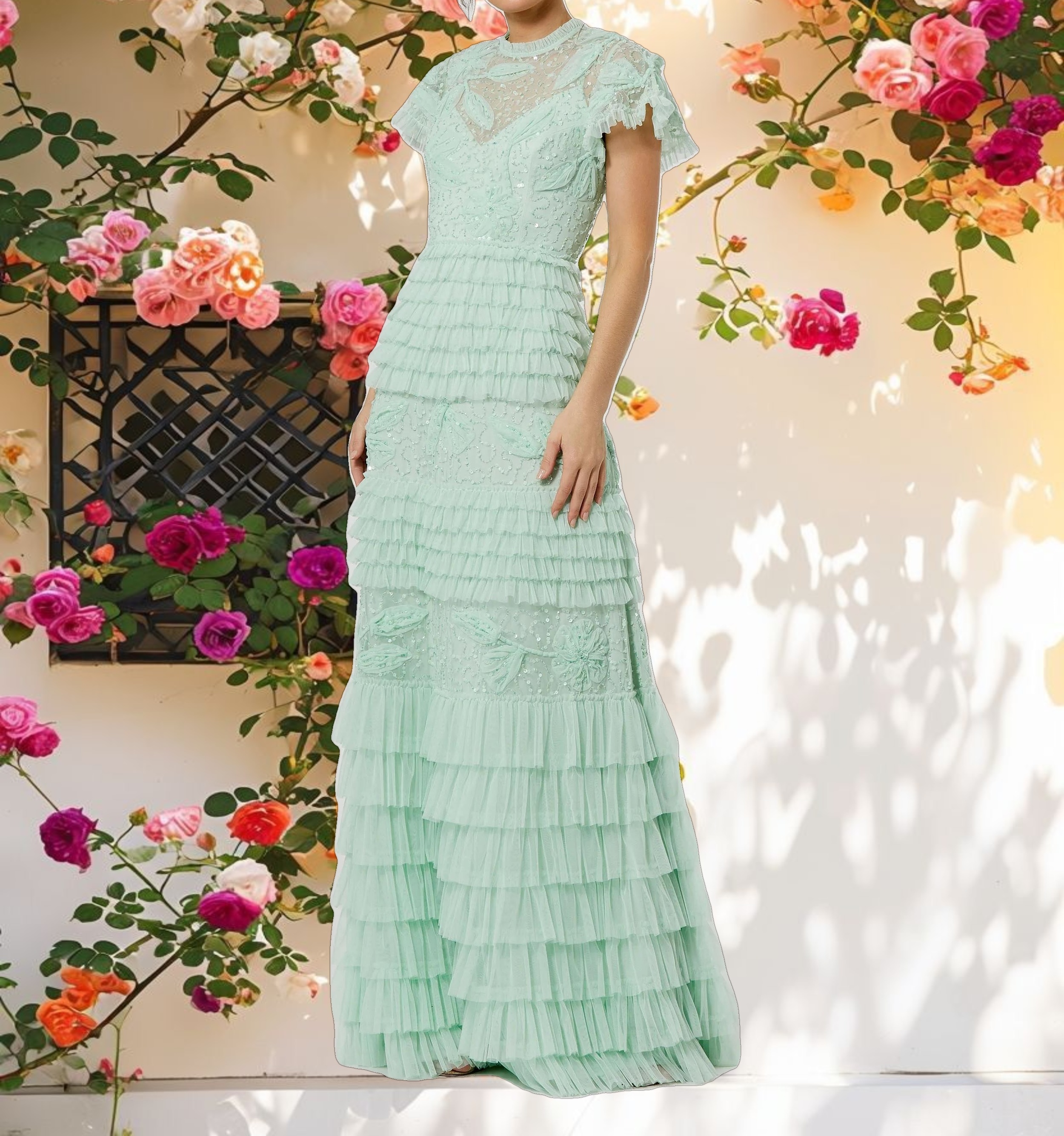 Green Beaded Mesh High Neck Micro Ruffle Gown