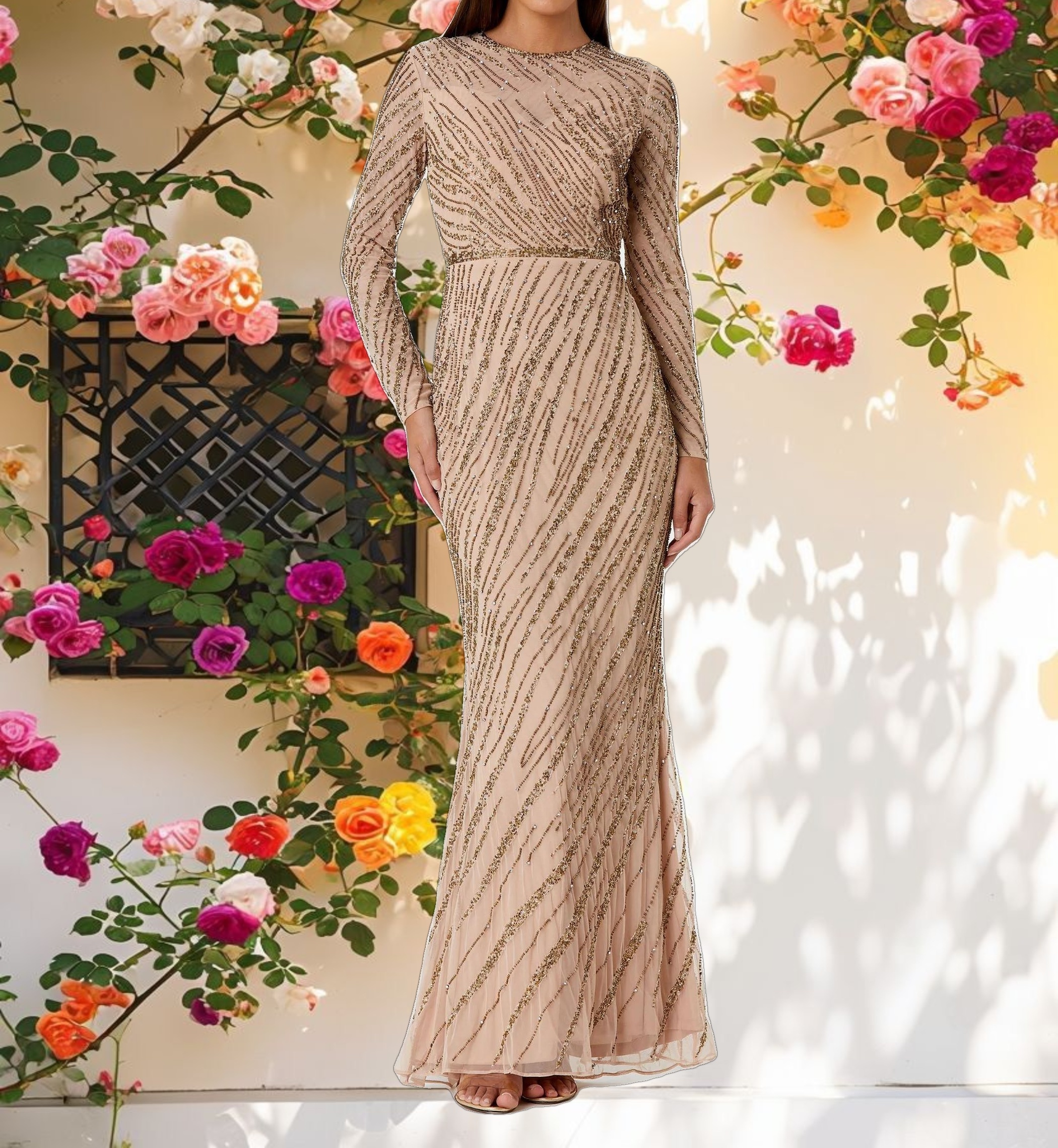Long Sleeve Beaded Column Gown