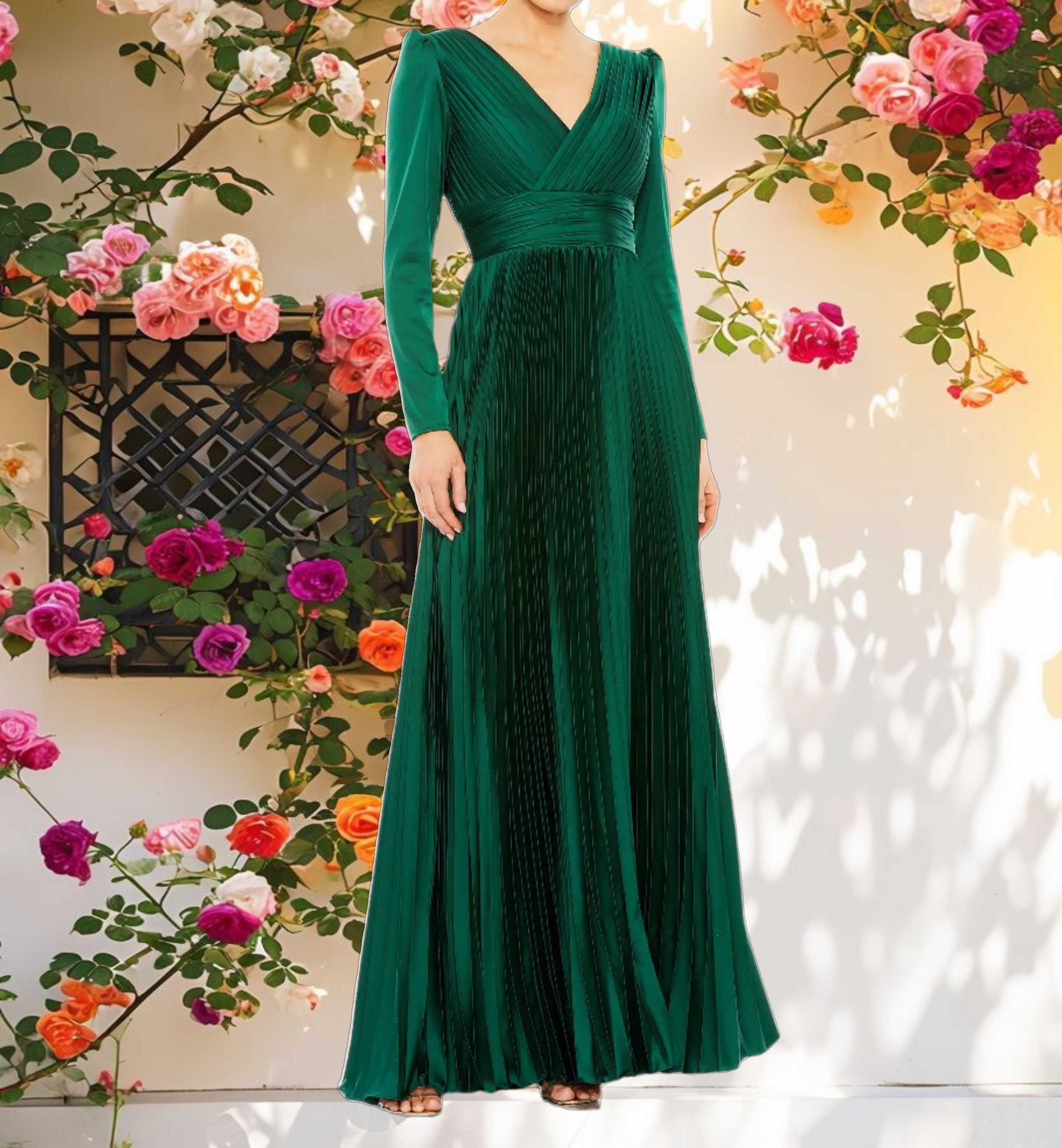 Green Pleated Long Sleeve V Neck Gown