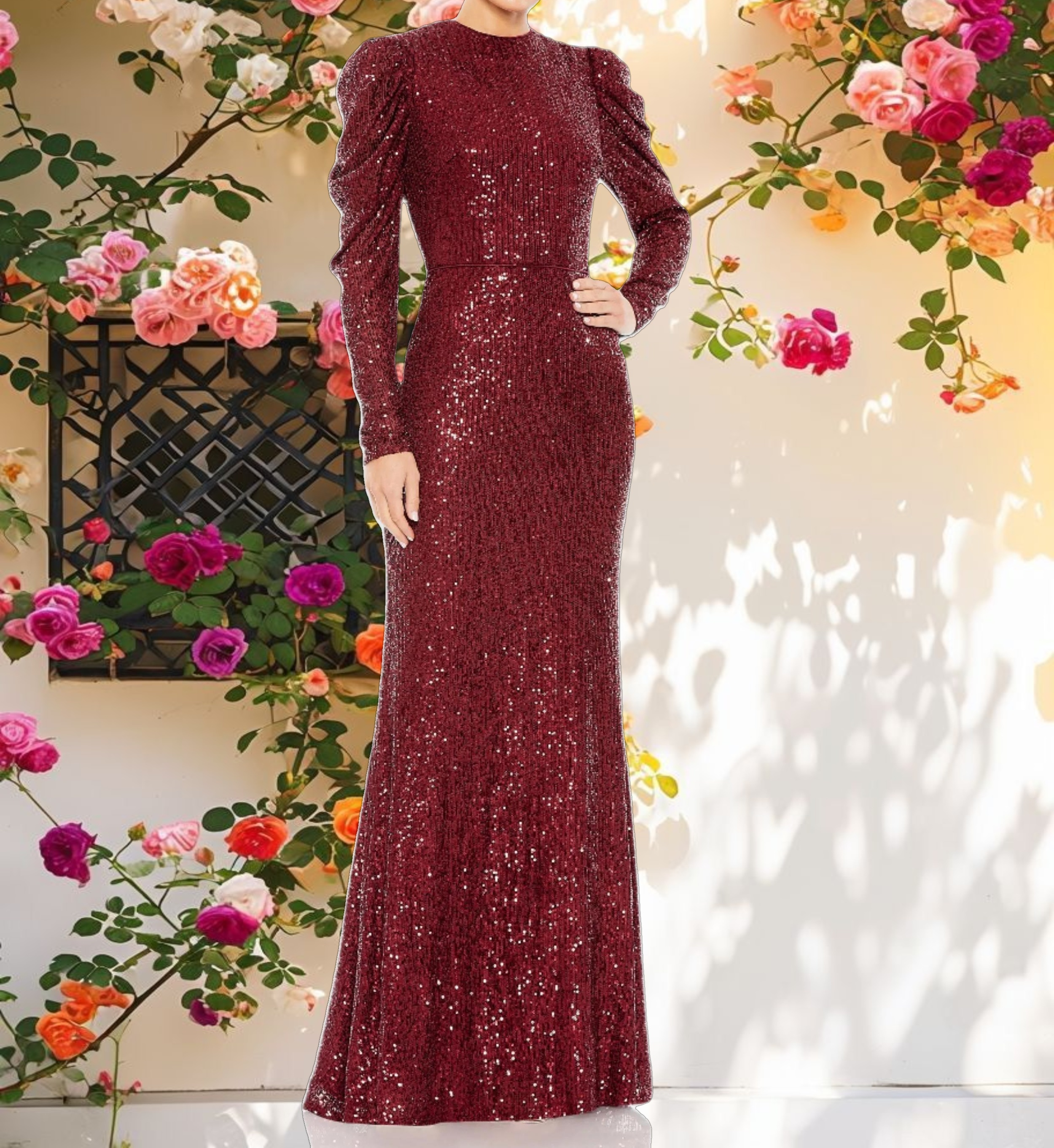 Red Sequined High Neck Puff Long Sleeve Column Gown