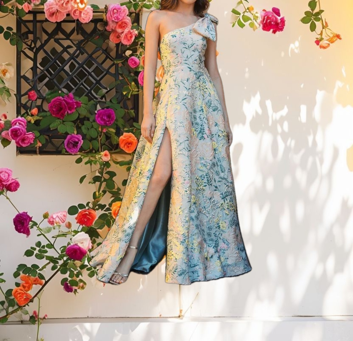 Multi Color One Shoulder Floral Dress With Bow