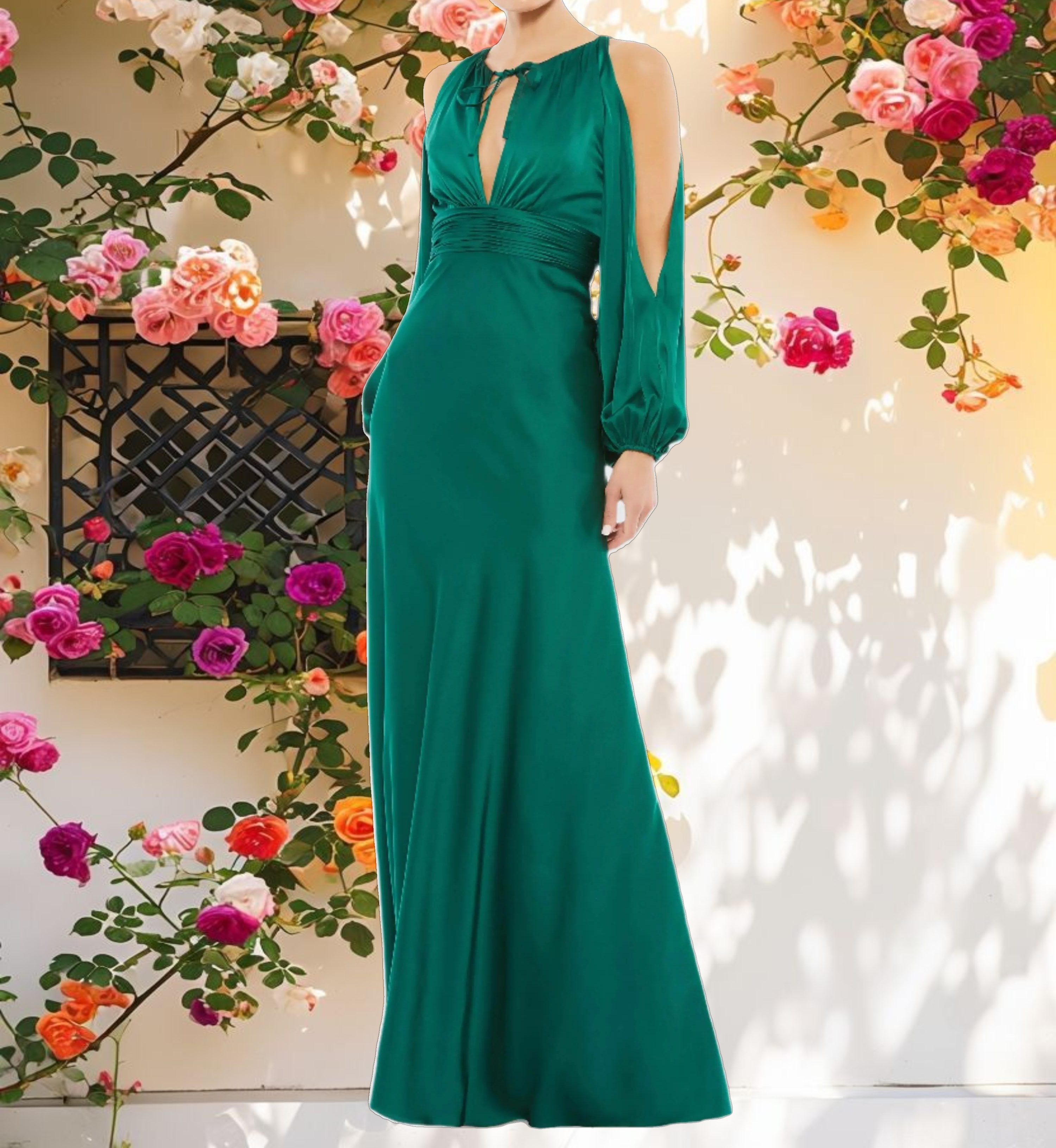 Flowing Keyhole Gown with Cold Shoulder