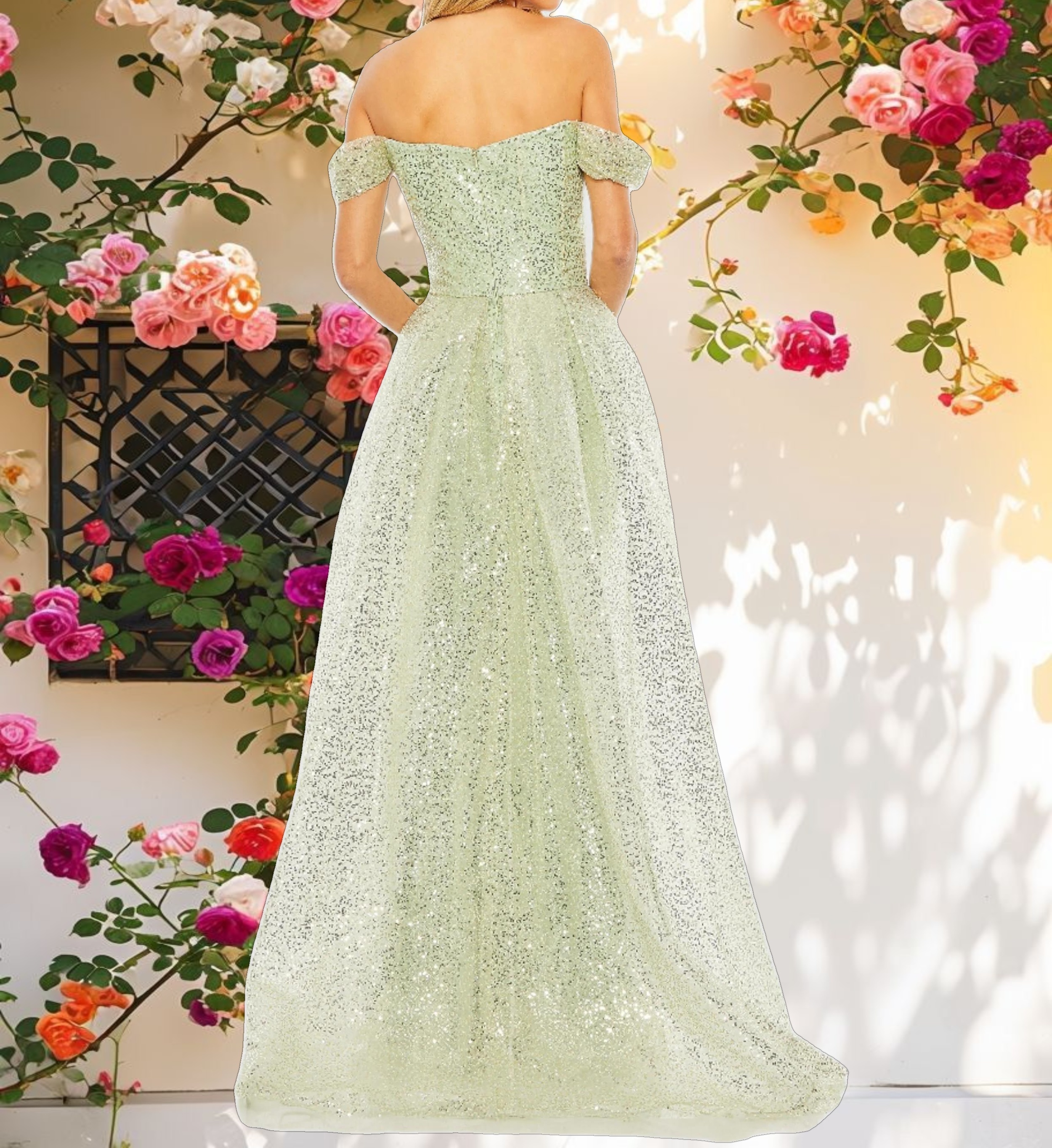 Green Off the Shoulder Sequin Panel Train Gown