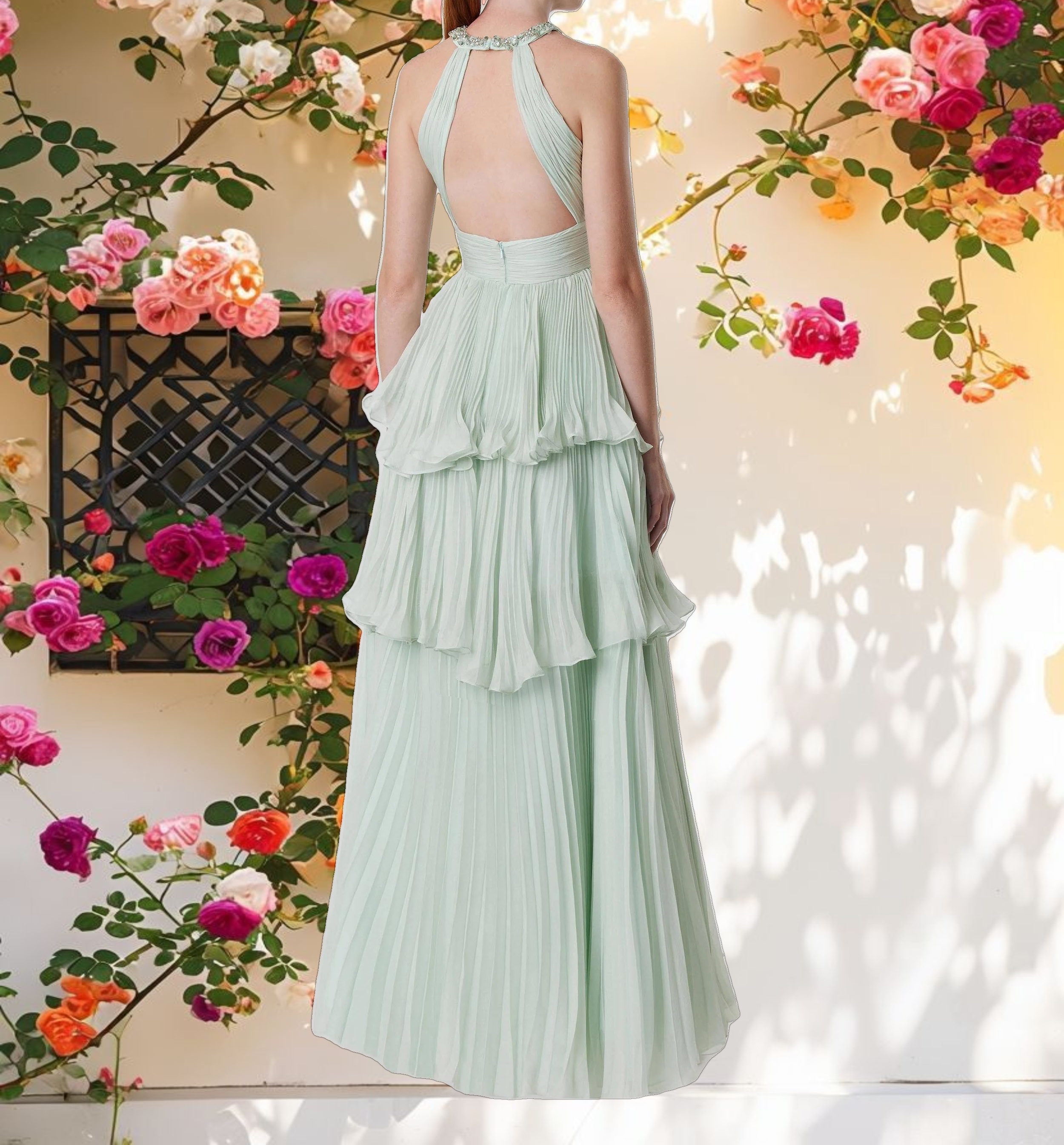 Green High Neck Chiffon Tiered Gown with Cut Out