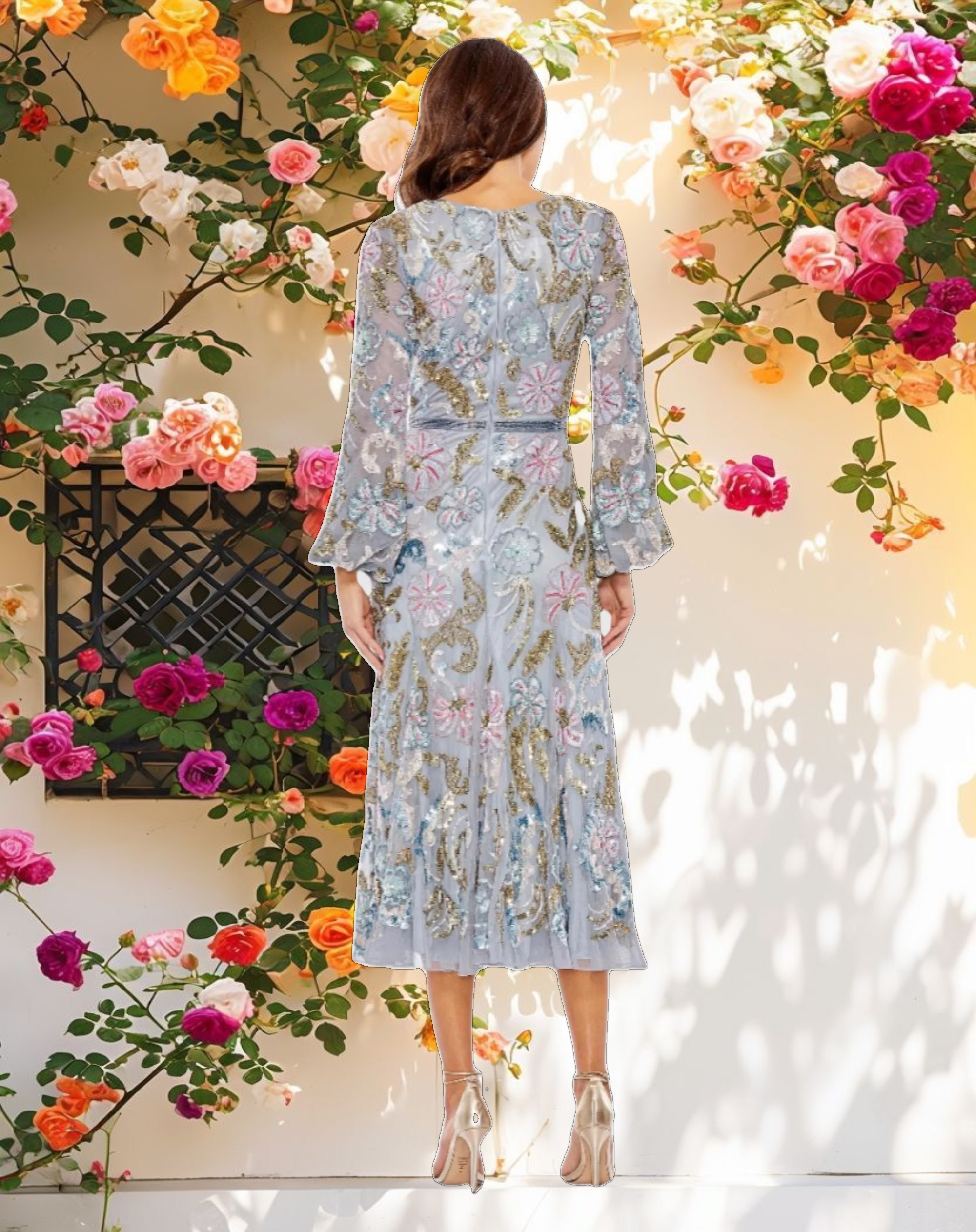 Long Cuff Sleeve Embellished Midi Dress