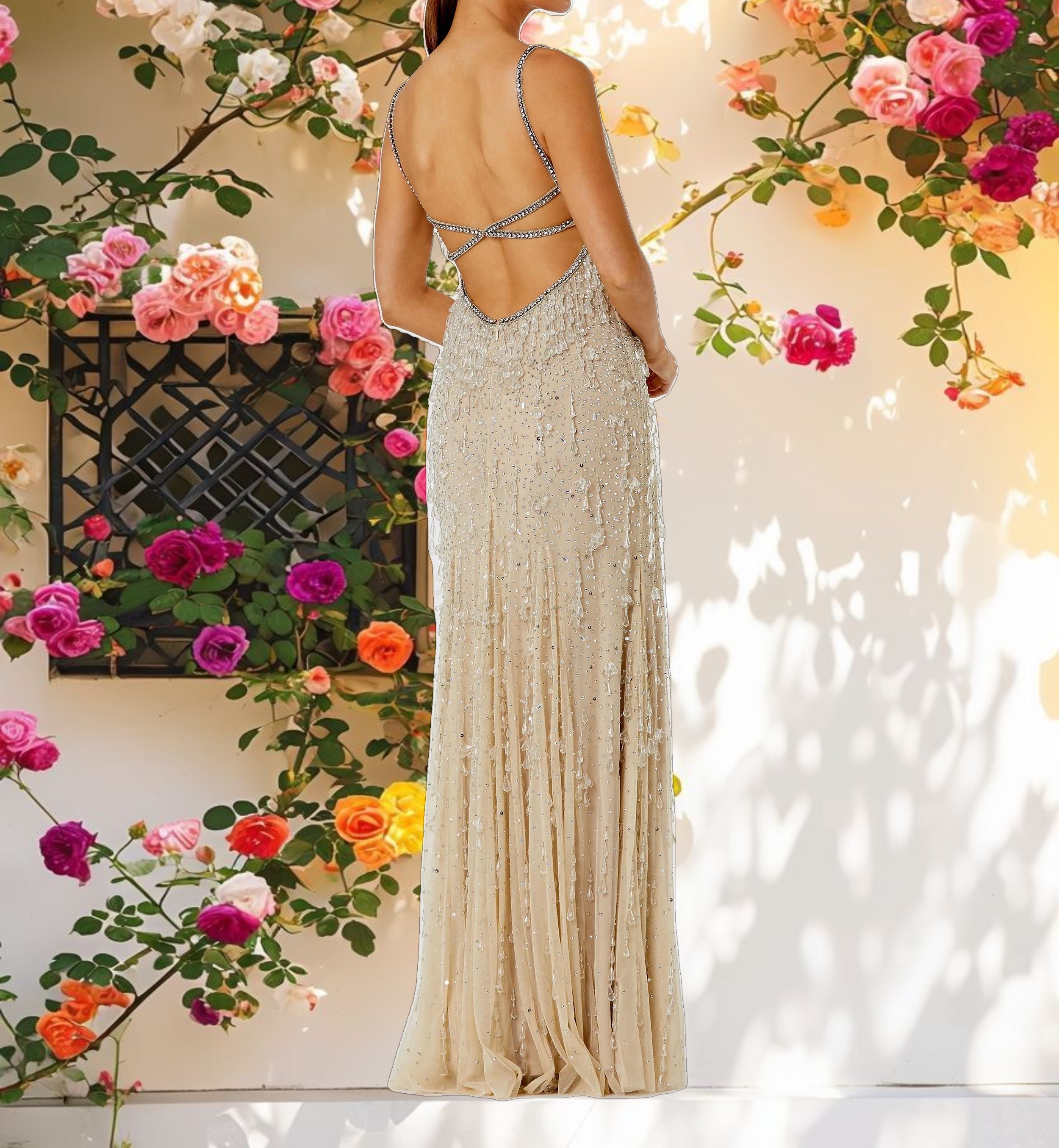 Beige Thin Strap Net Embellished V Neck Gown
