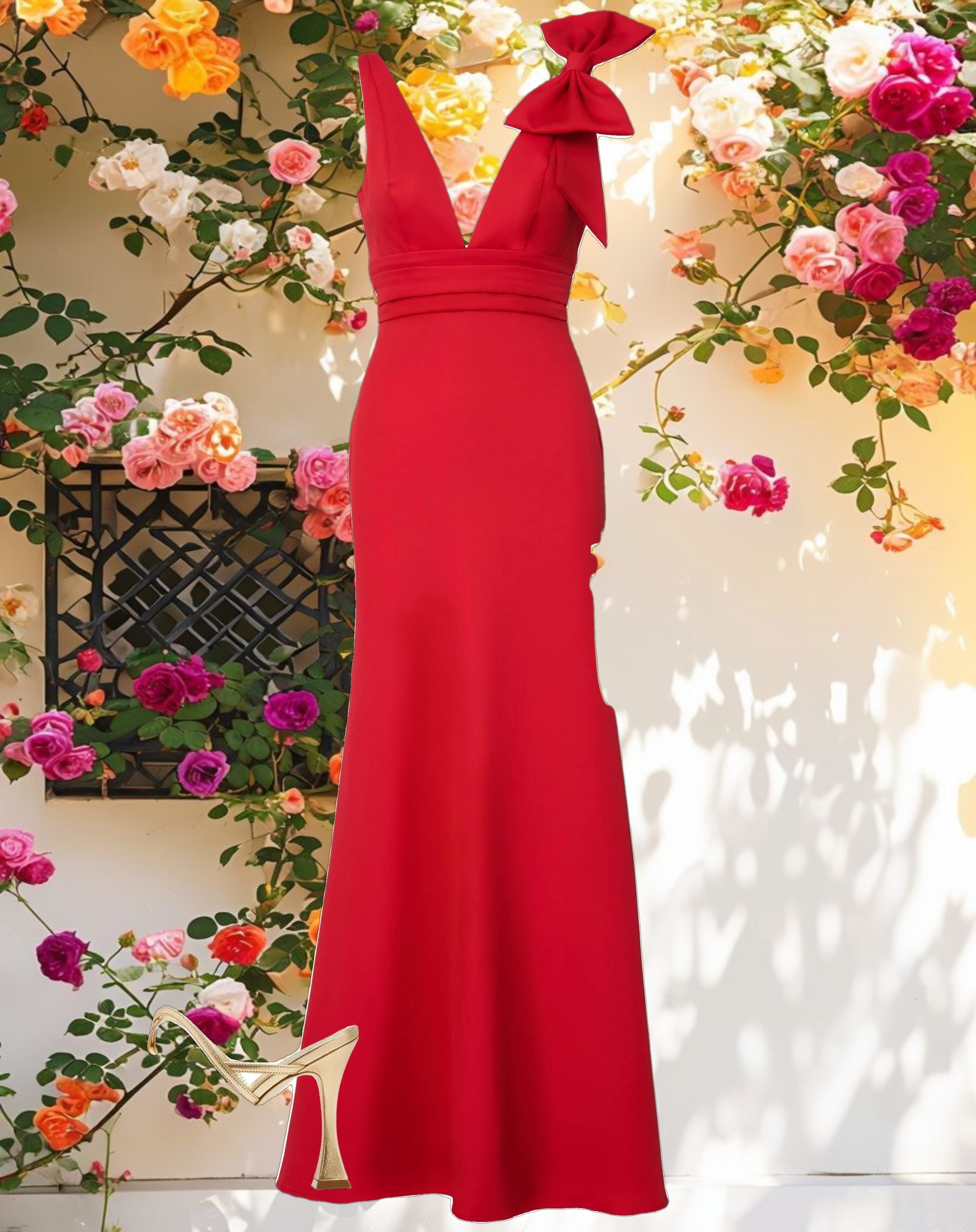 Sleeveless V Neck Bow Detail Mermaid Gown