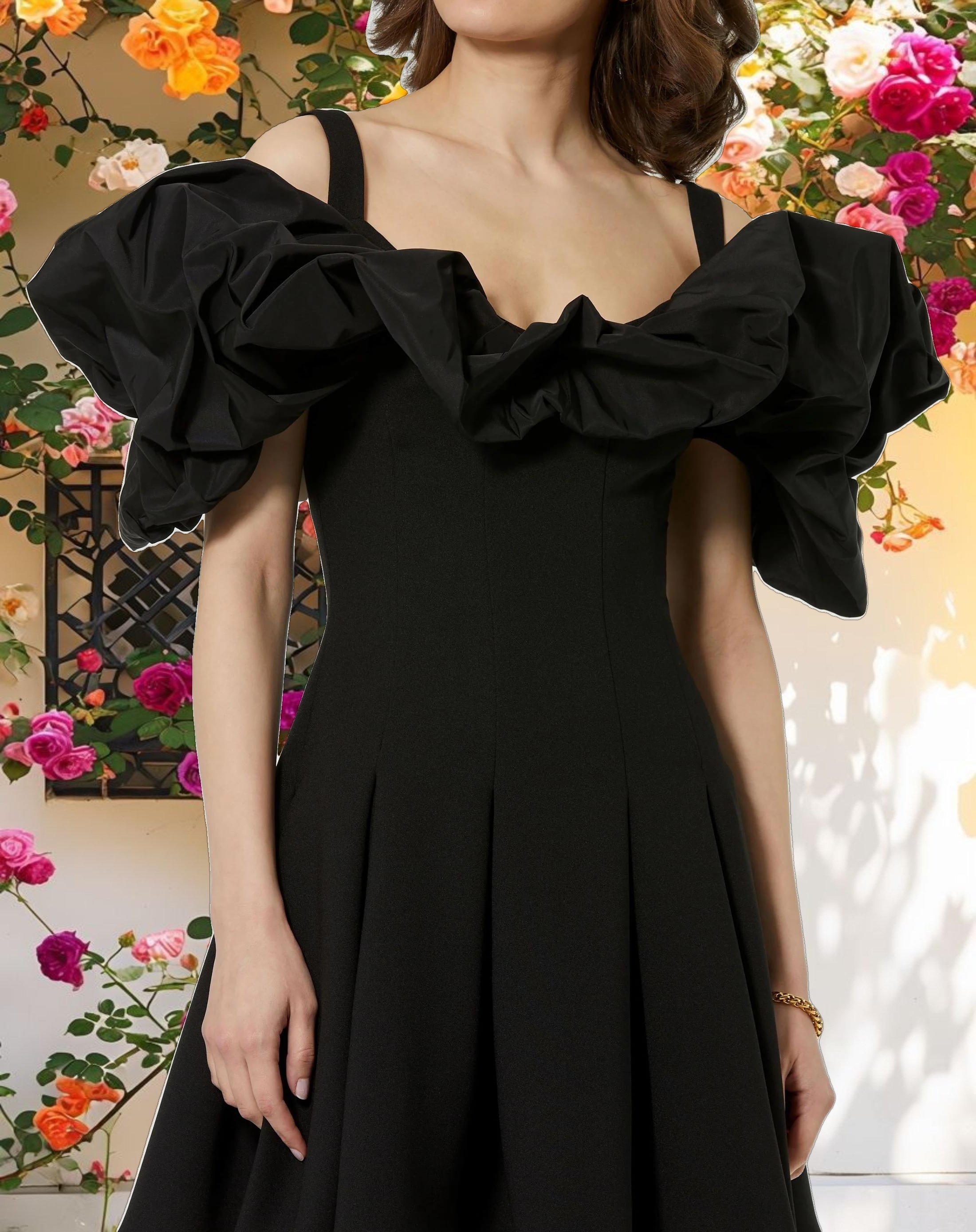 Black Crepe Godet Hem Mini Dress With Faille Ruffle