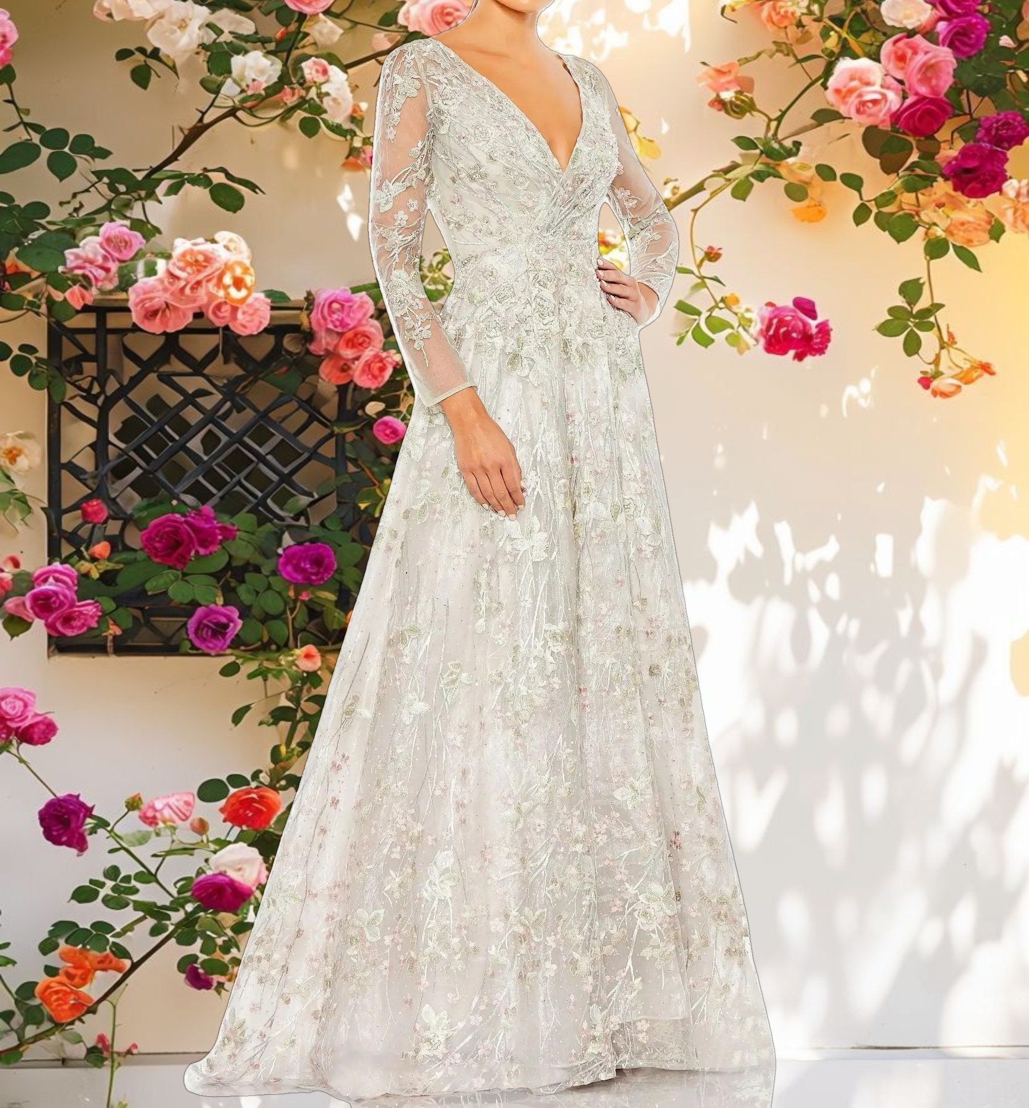 White Embroidered Lace Wrap Over Illusion Long Sleeve A Line Gown