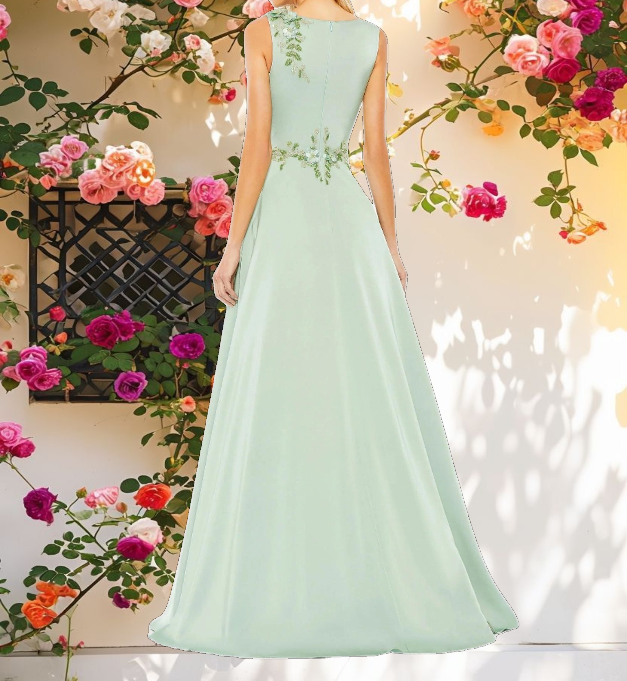 Green Floral Applique Sleeveless A Line Gown
