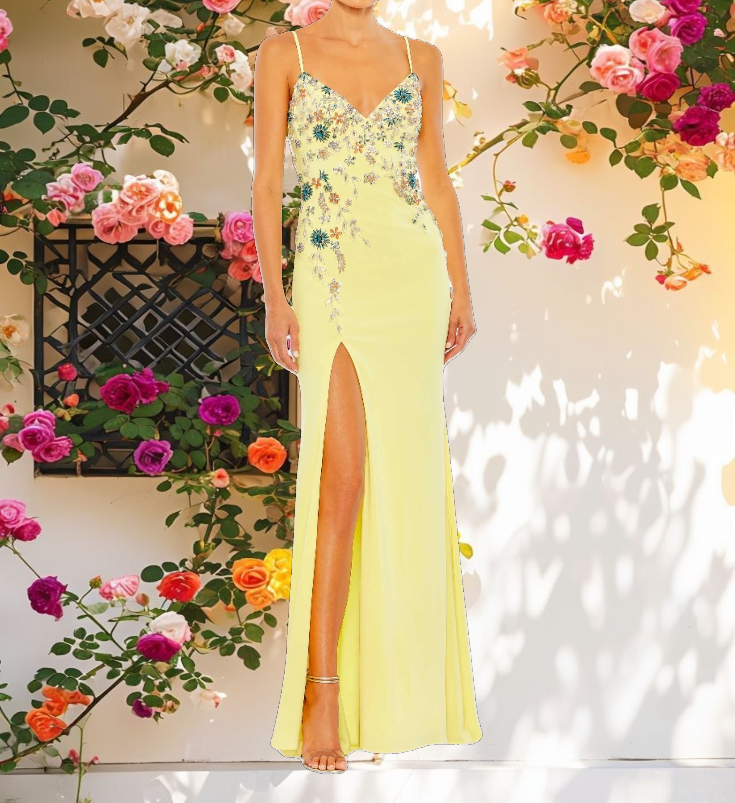 Yellow Multi Color Beaded Floral Cami Gown