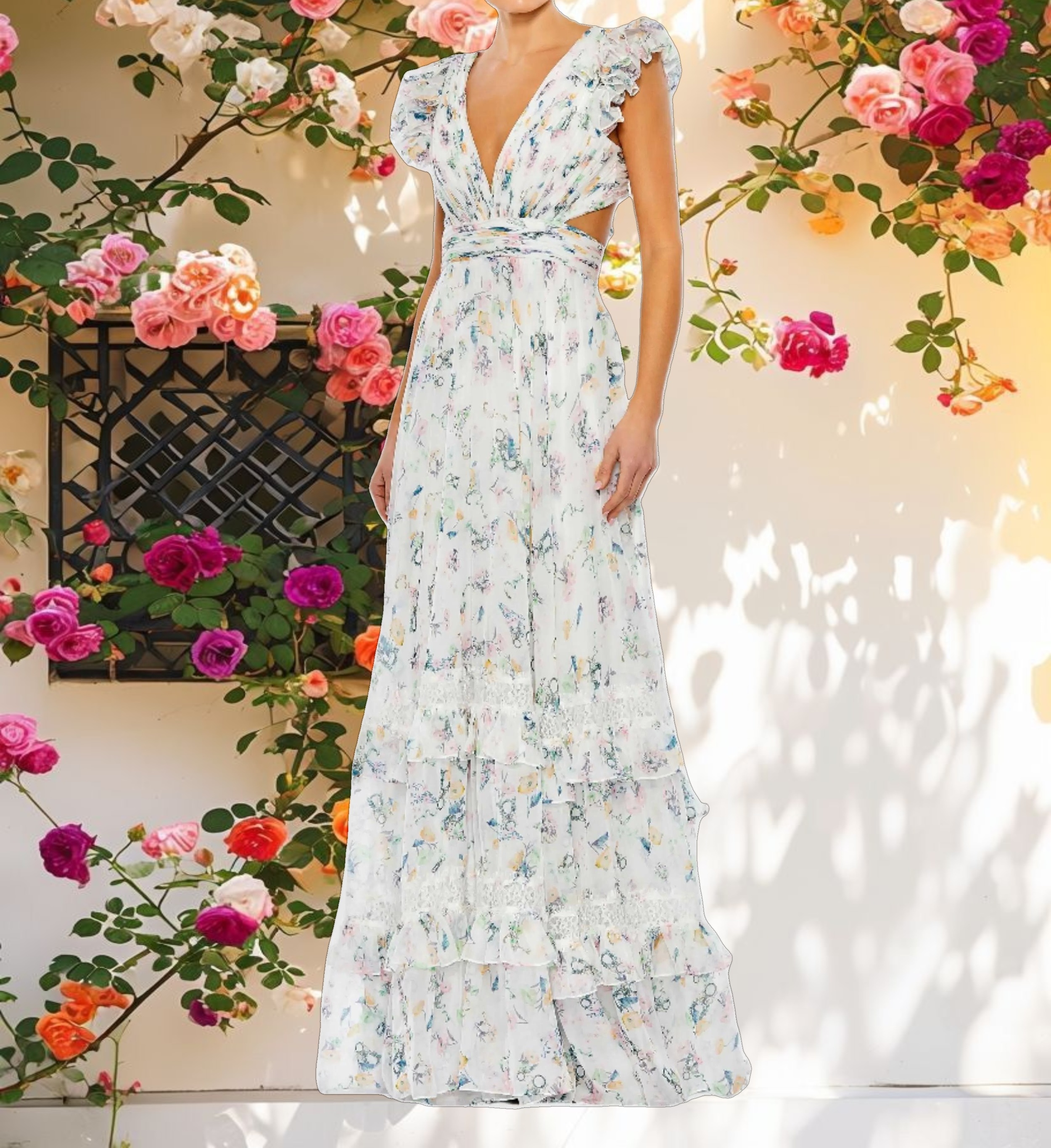 White Floral Ruffled Cut Out Flowy Maxi Dress