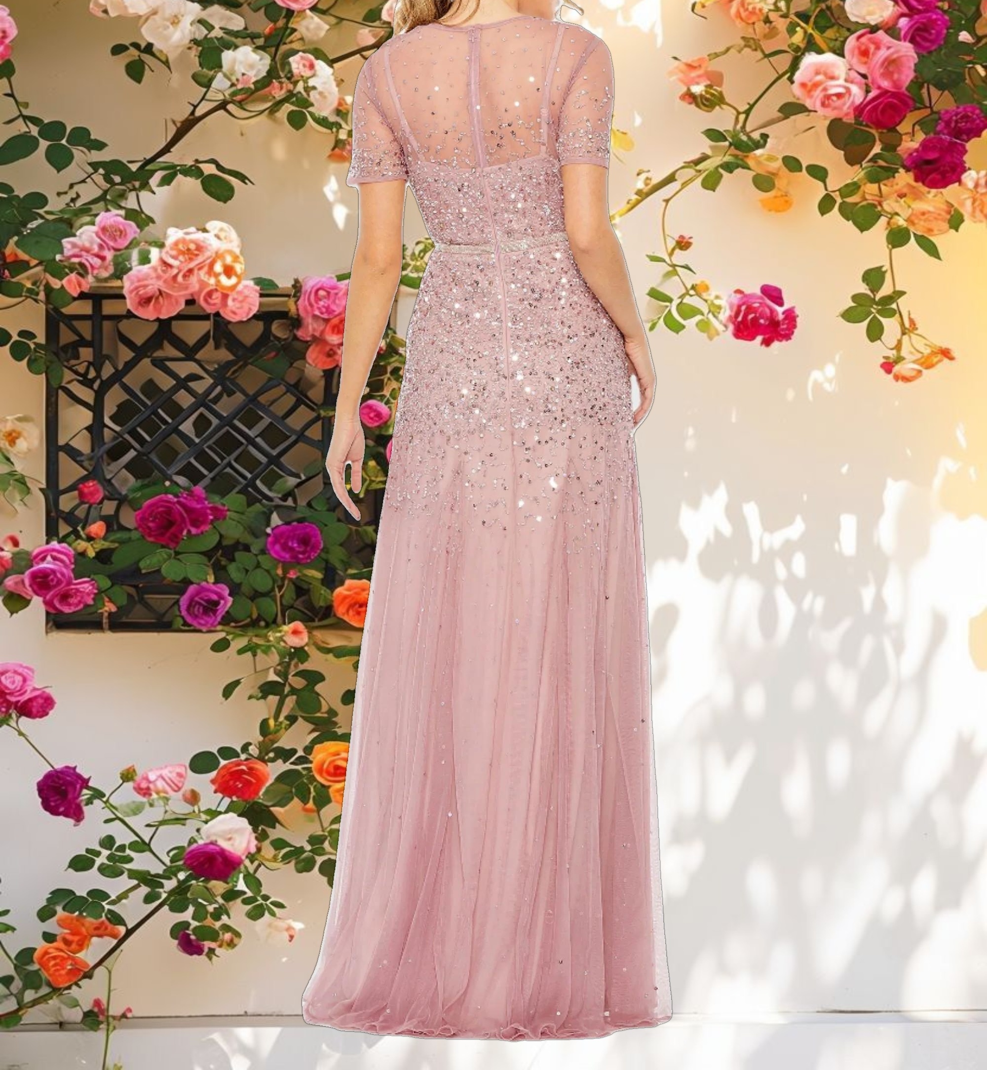 Pink High Neck Short Sleeve Sequin Embellished Gown