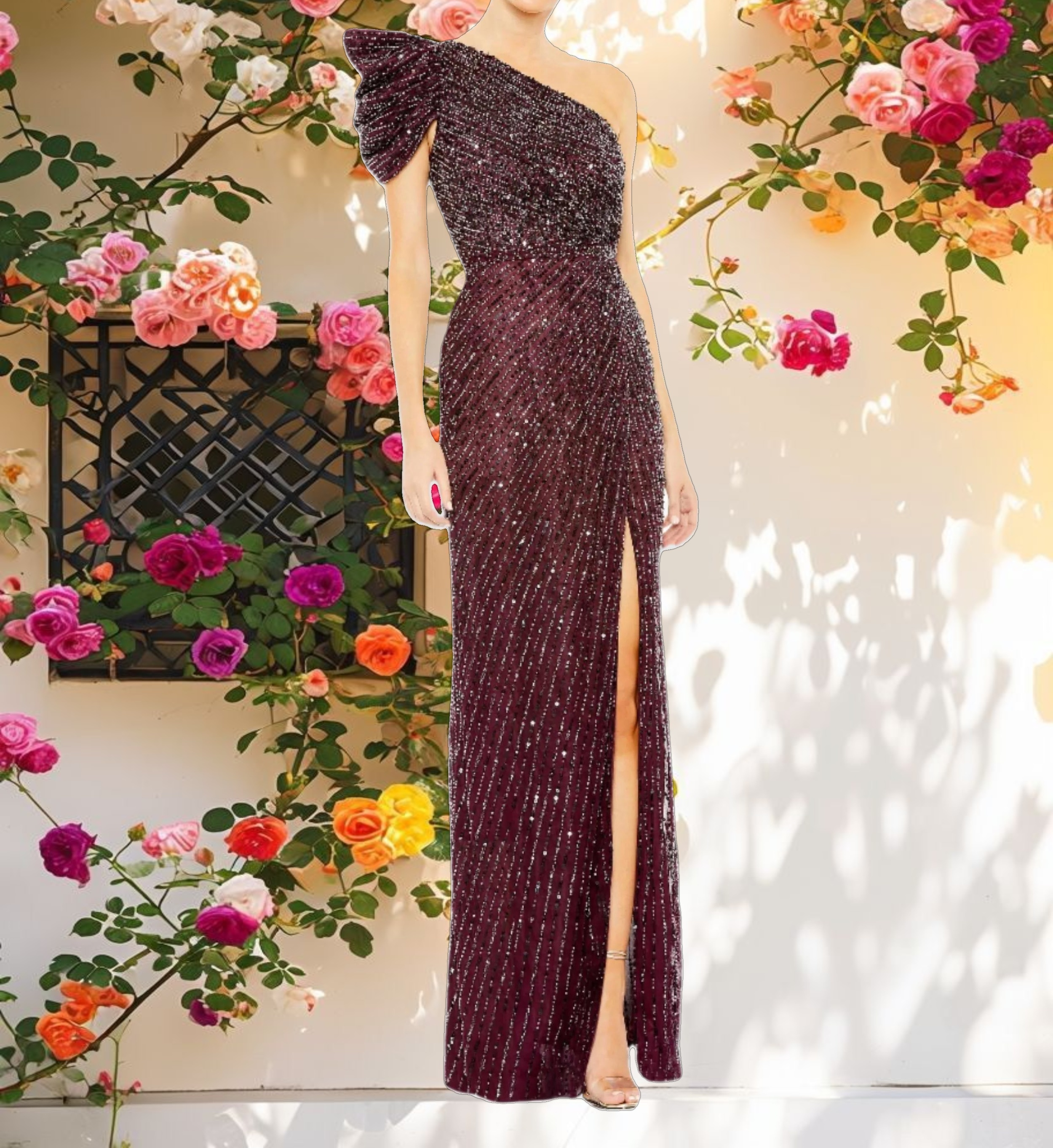 Embellished Puff One Shoulder Gown