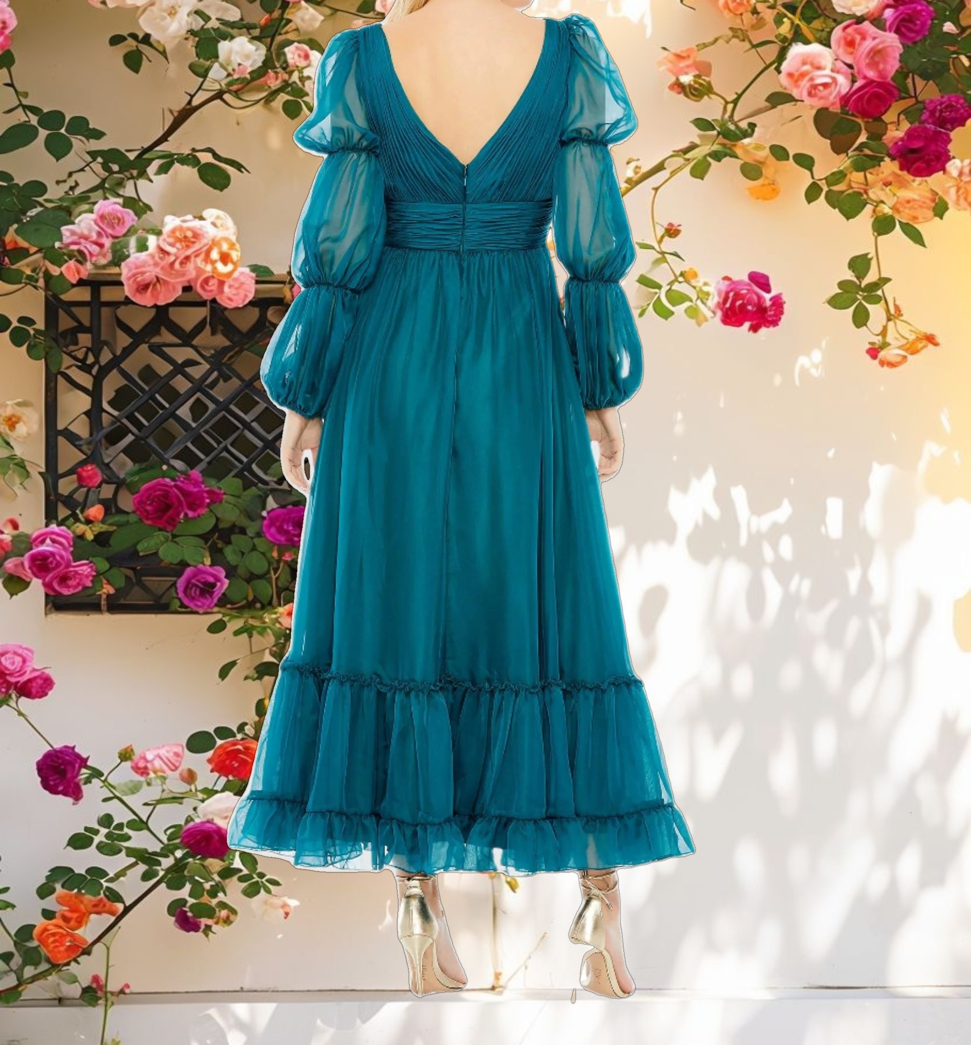 Teal Chiffon Ruched Tiered Puff Sleeve A Line Dress