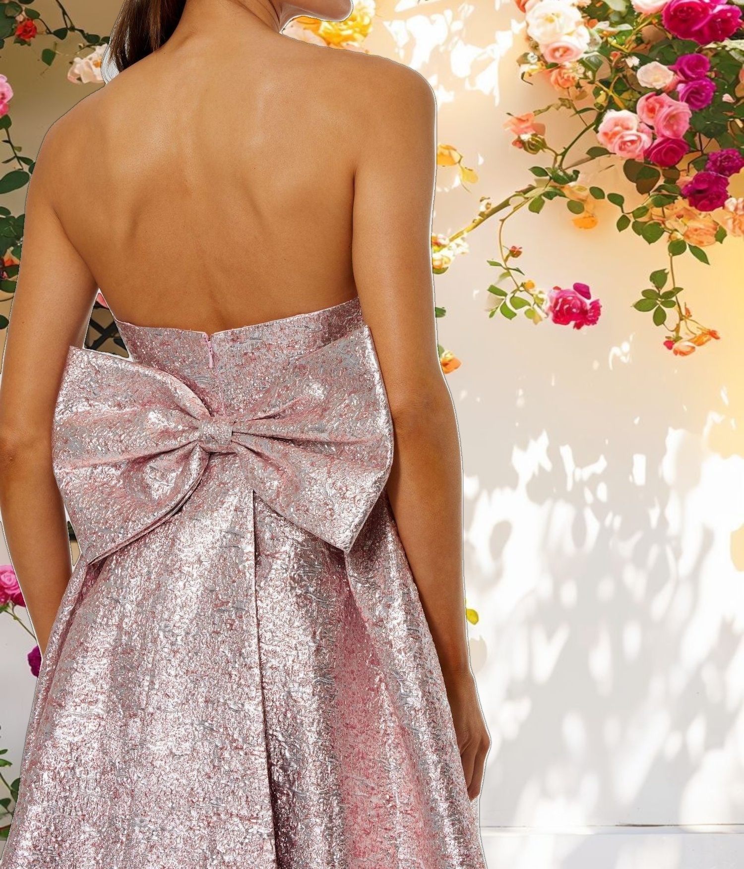 Metallic Brocade Gown With Oversized Bow