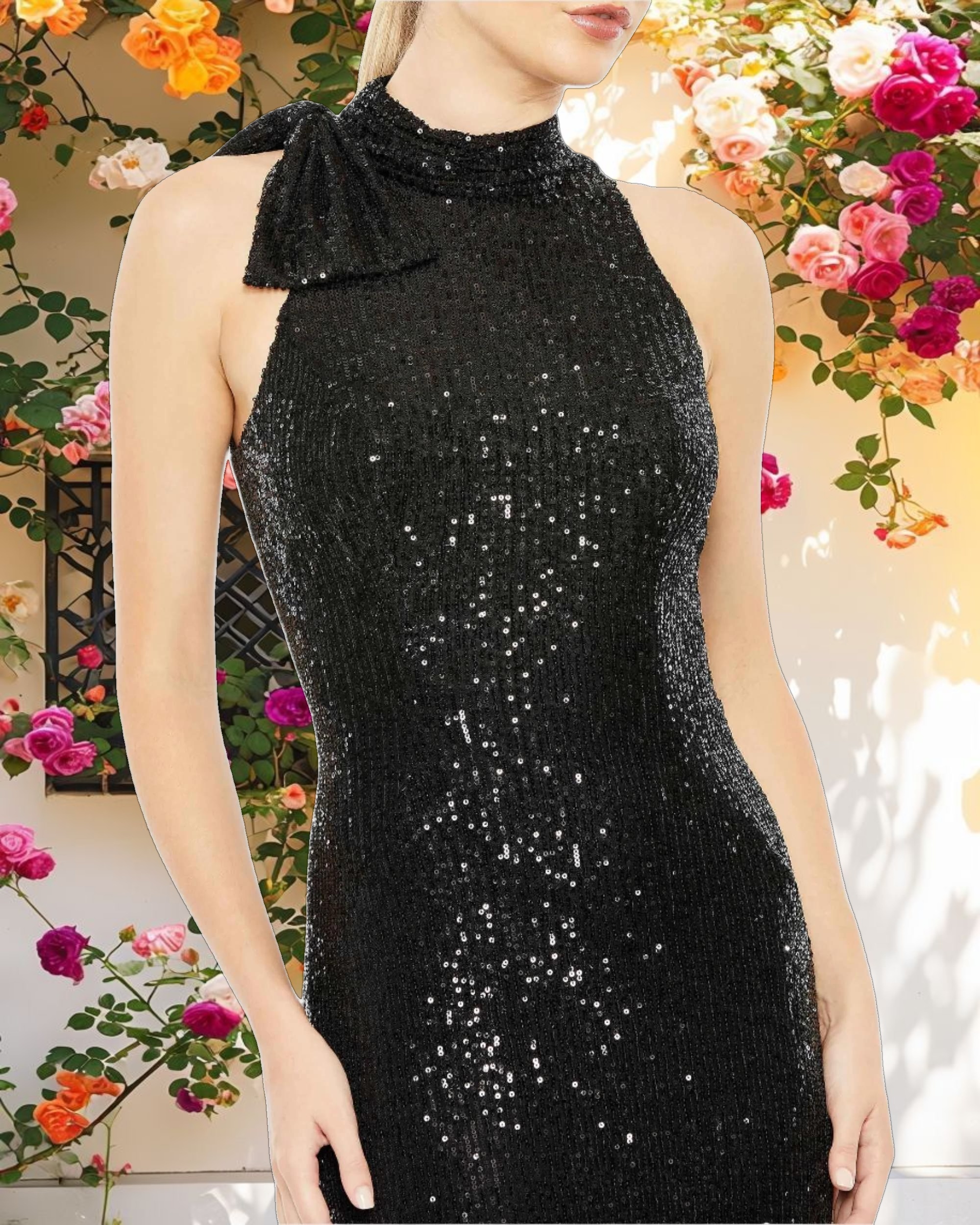 Black Soft Tie Halter Neck Sequin Gown