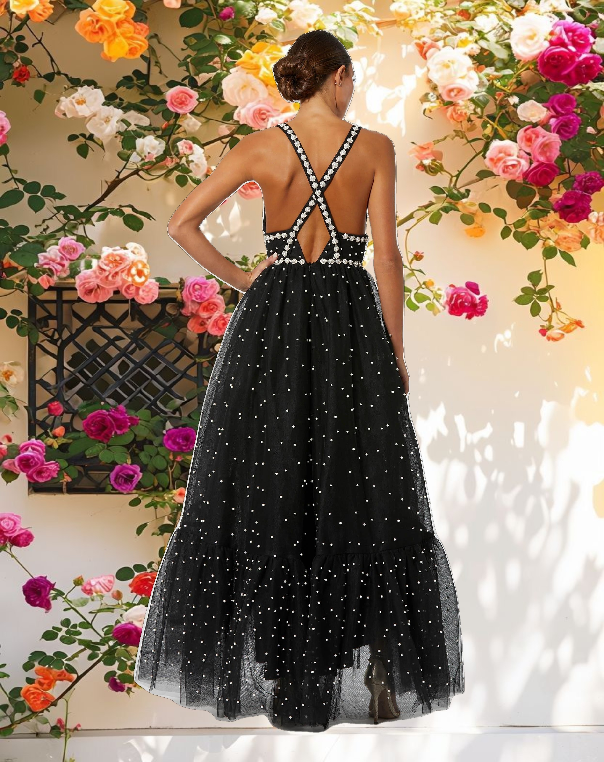 Black Pearl Beaded High Low Gown