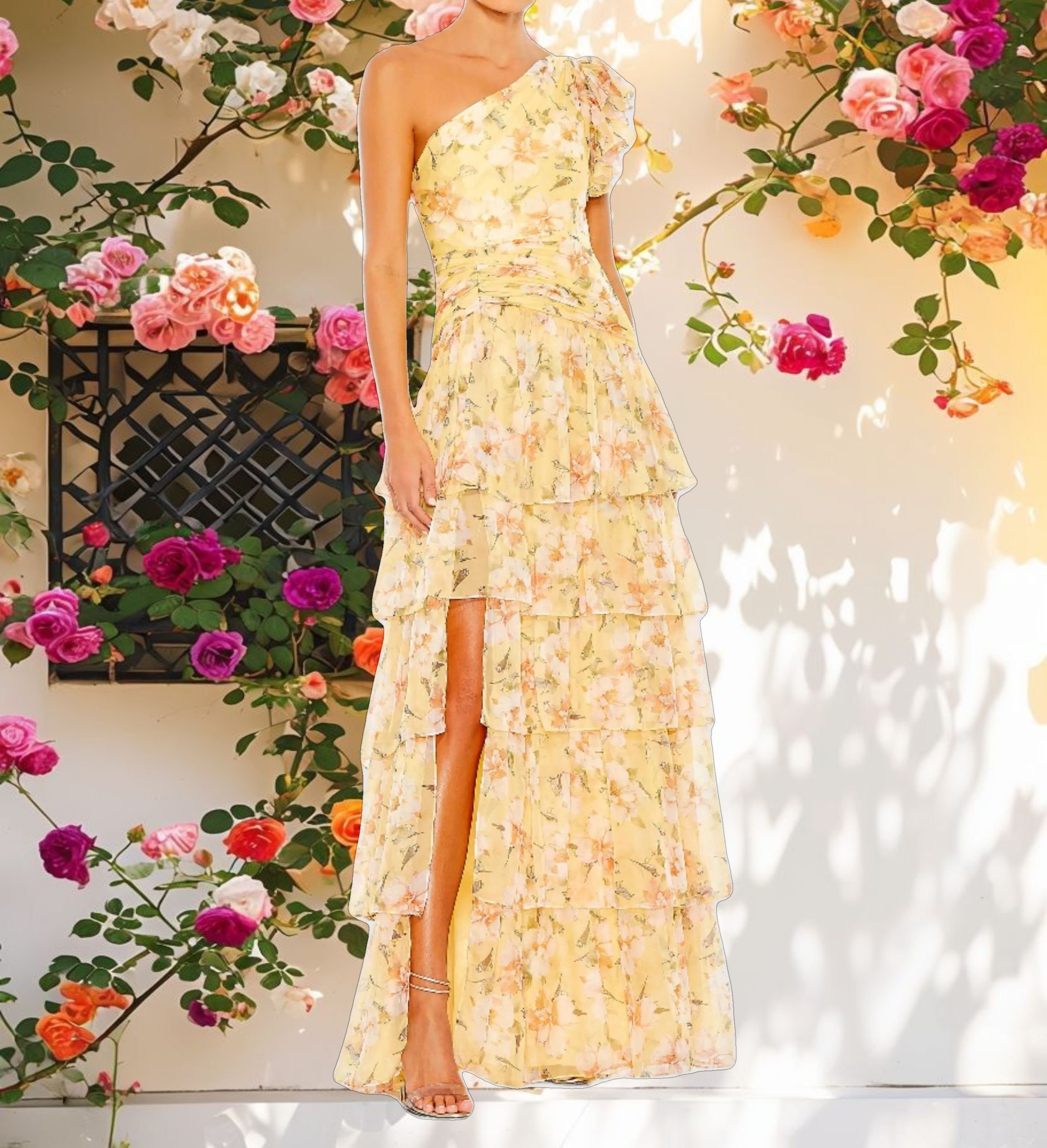 Floral Print Ruffle Tiered One Shoulder Gown