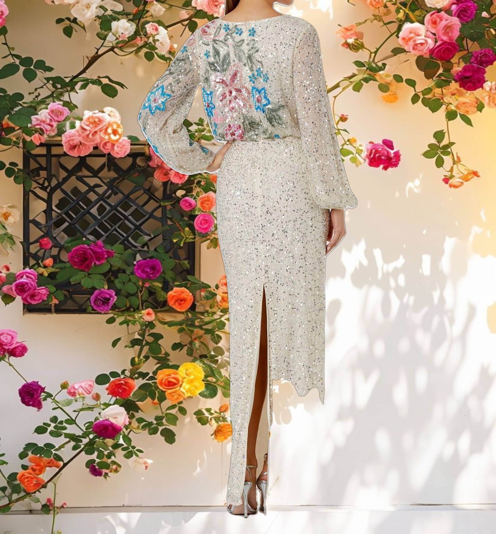 Beige Embellished Floral High Neck Gown