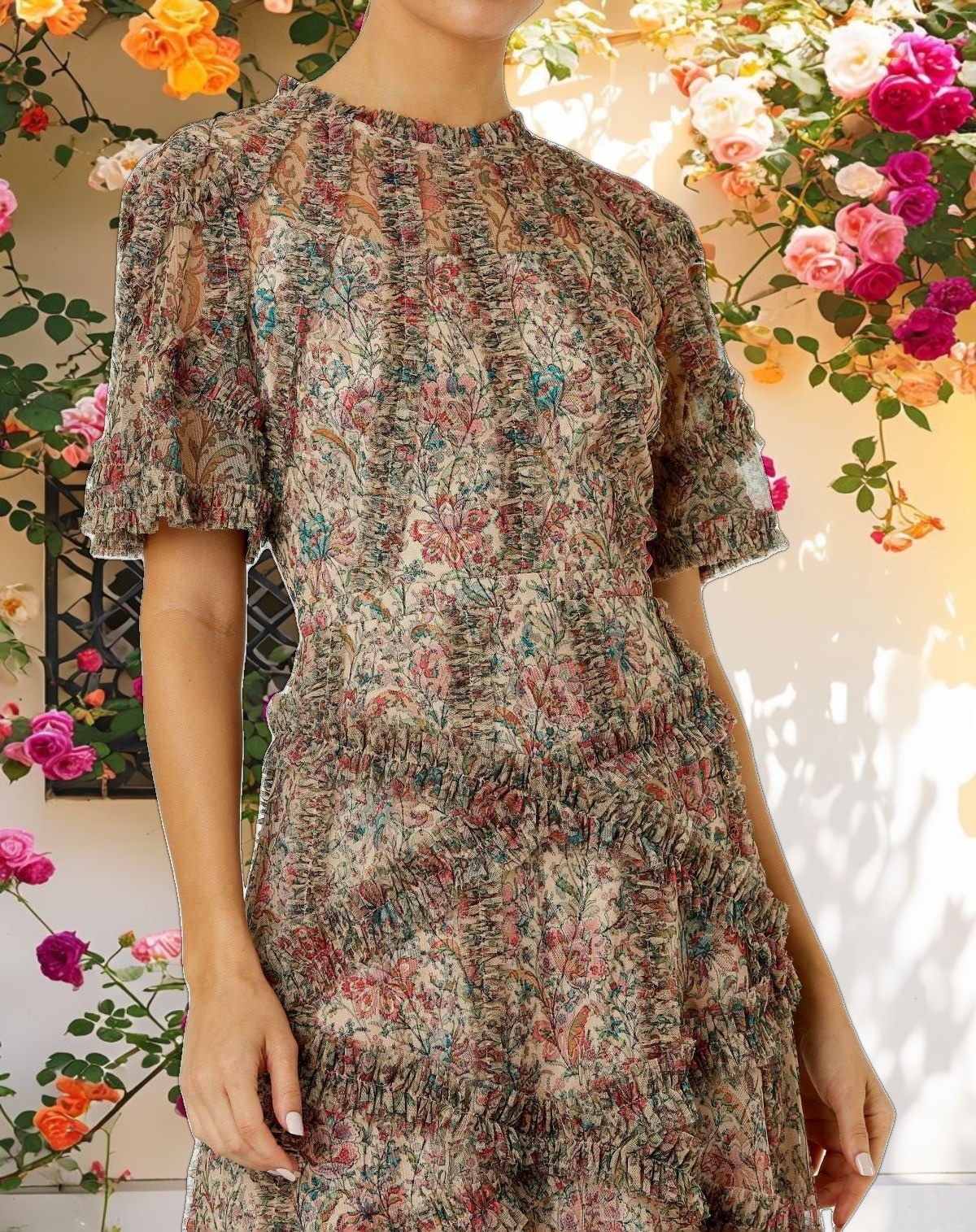 Floral Flutter Sleeve Mesh Print Dress