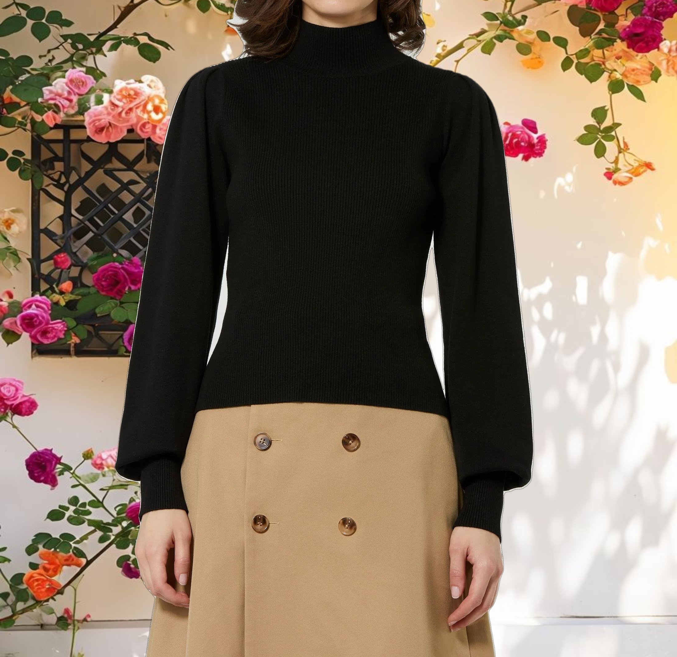 Ribbed Knit Balloon Sleeve Turtleneck Sweater