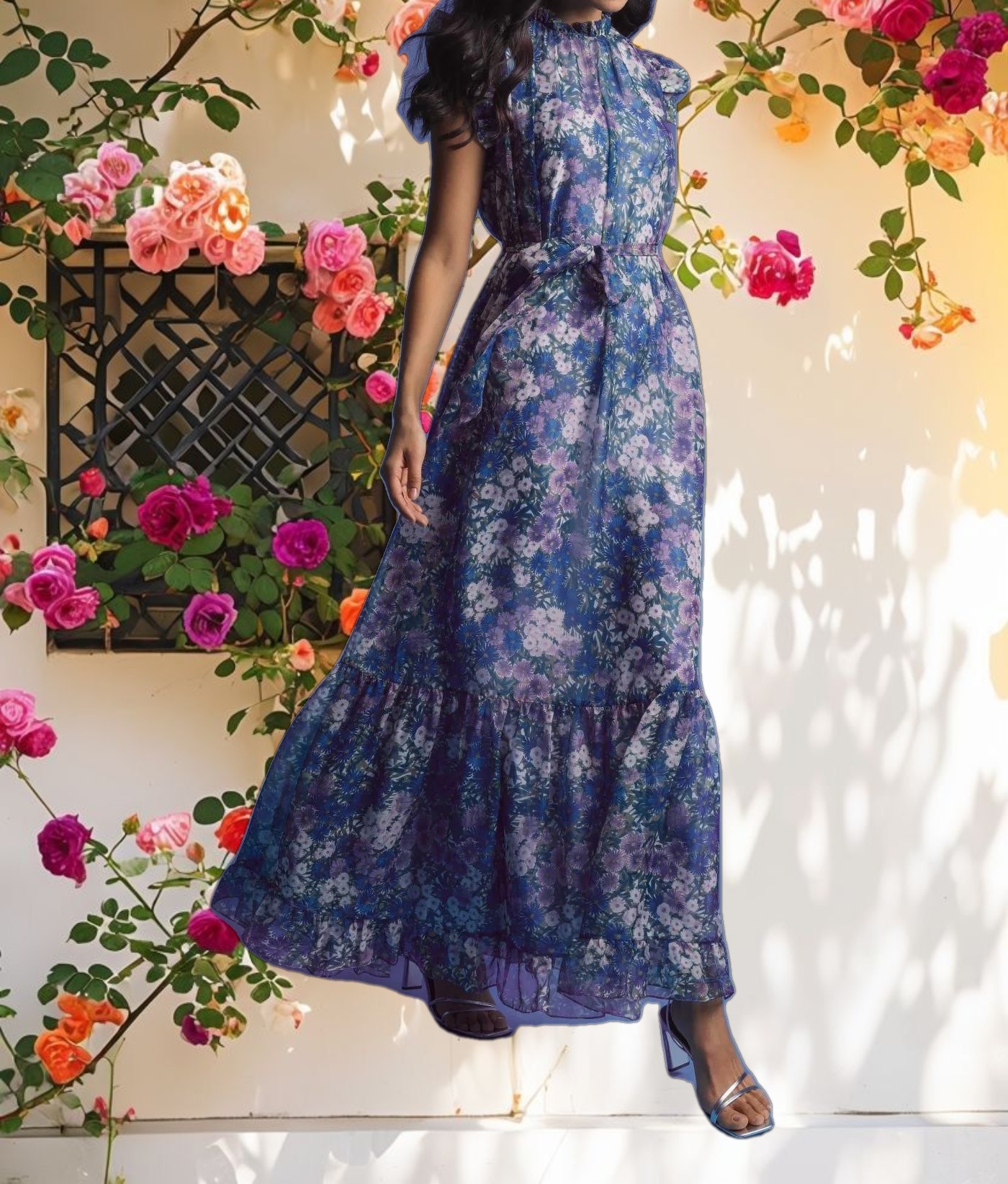 Floral Printed Chiffon Ruffle Sleeve Gown With Bow Belt