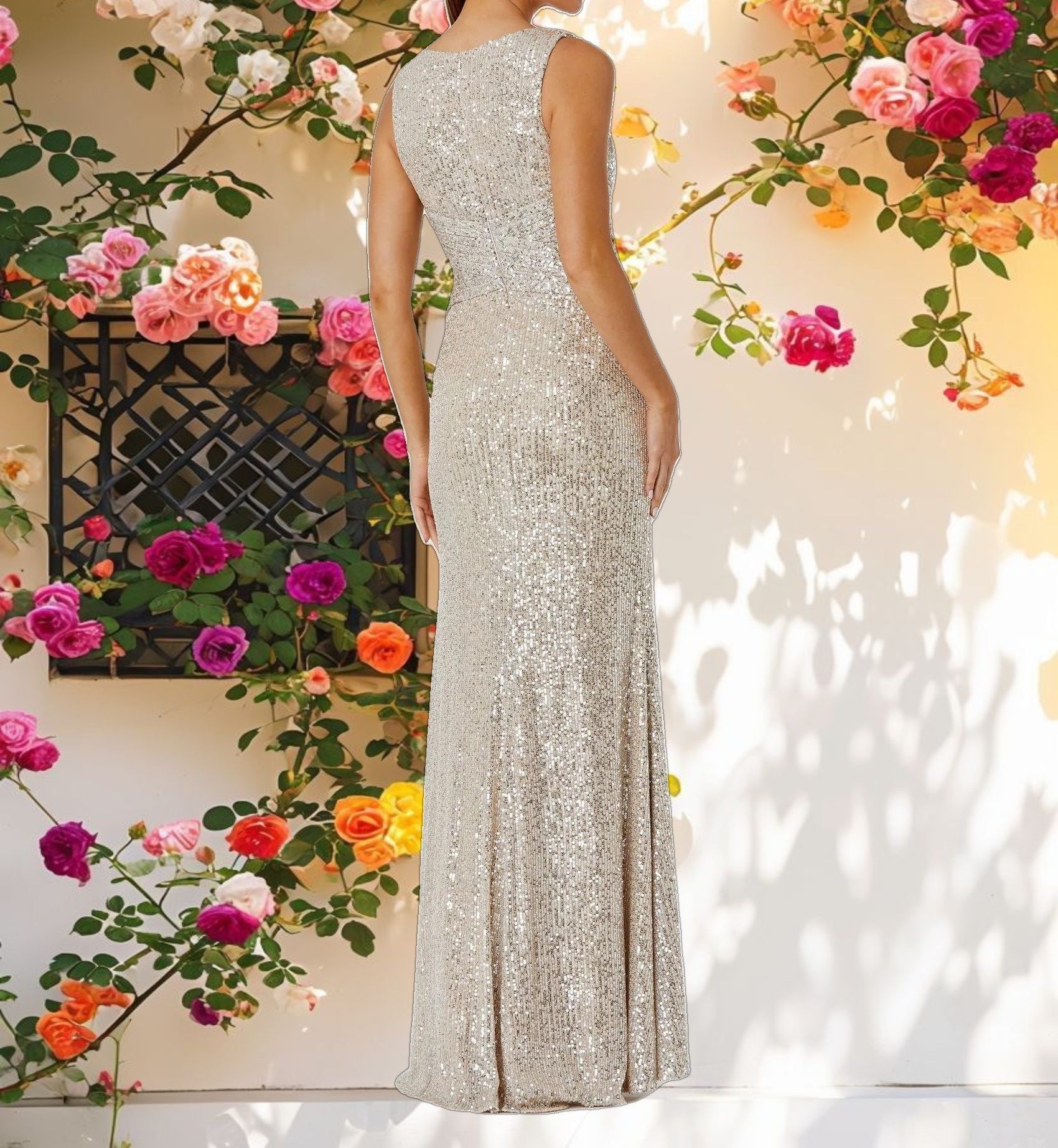 Silver V Neck Sequin Wrap Waist Gown