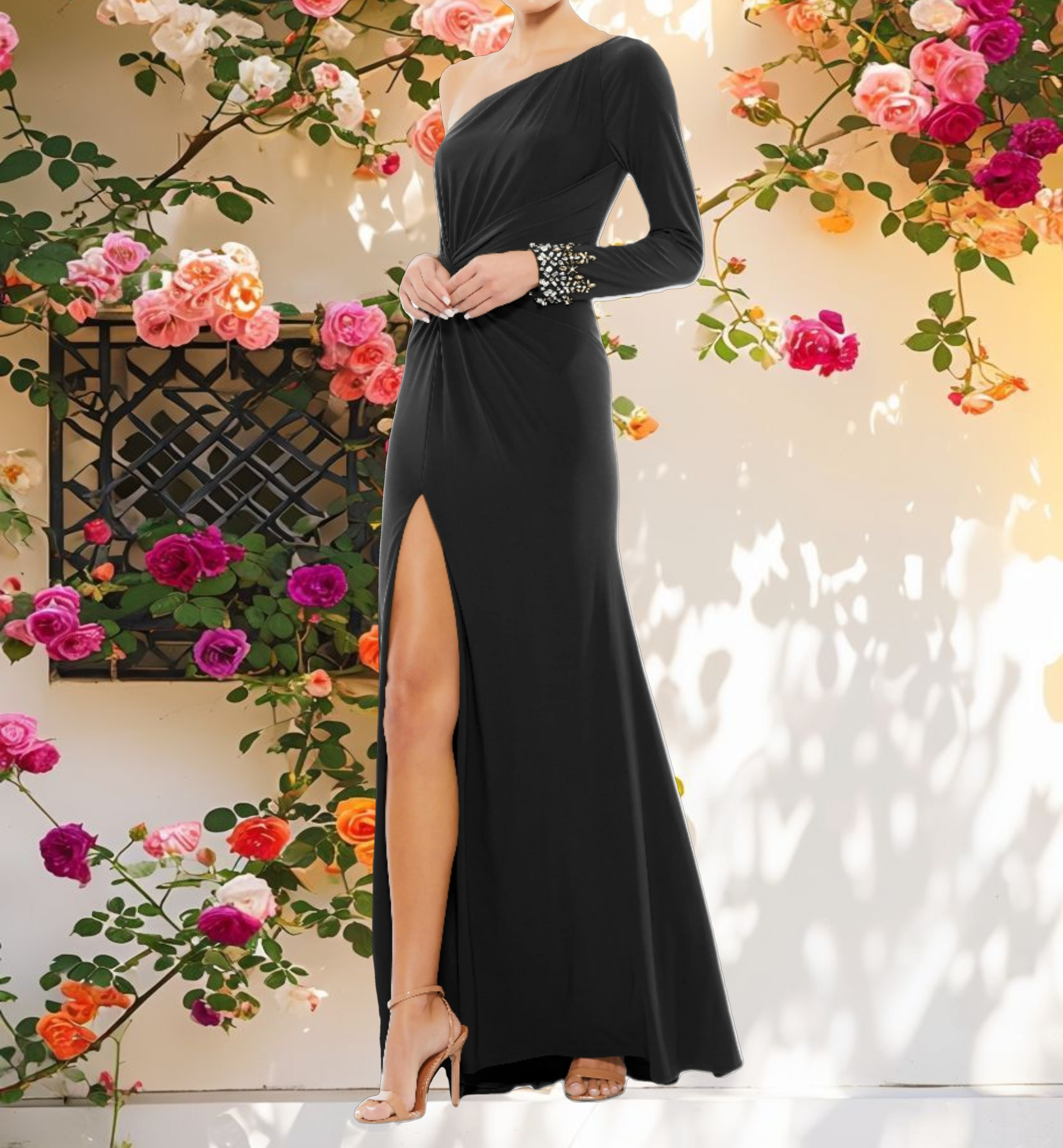 One Sleeve Beaded Cuff Side Twist Gown