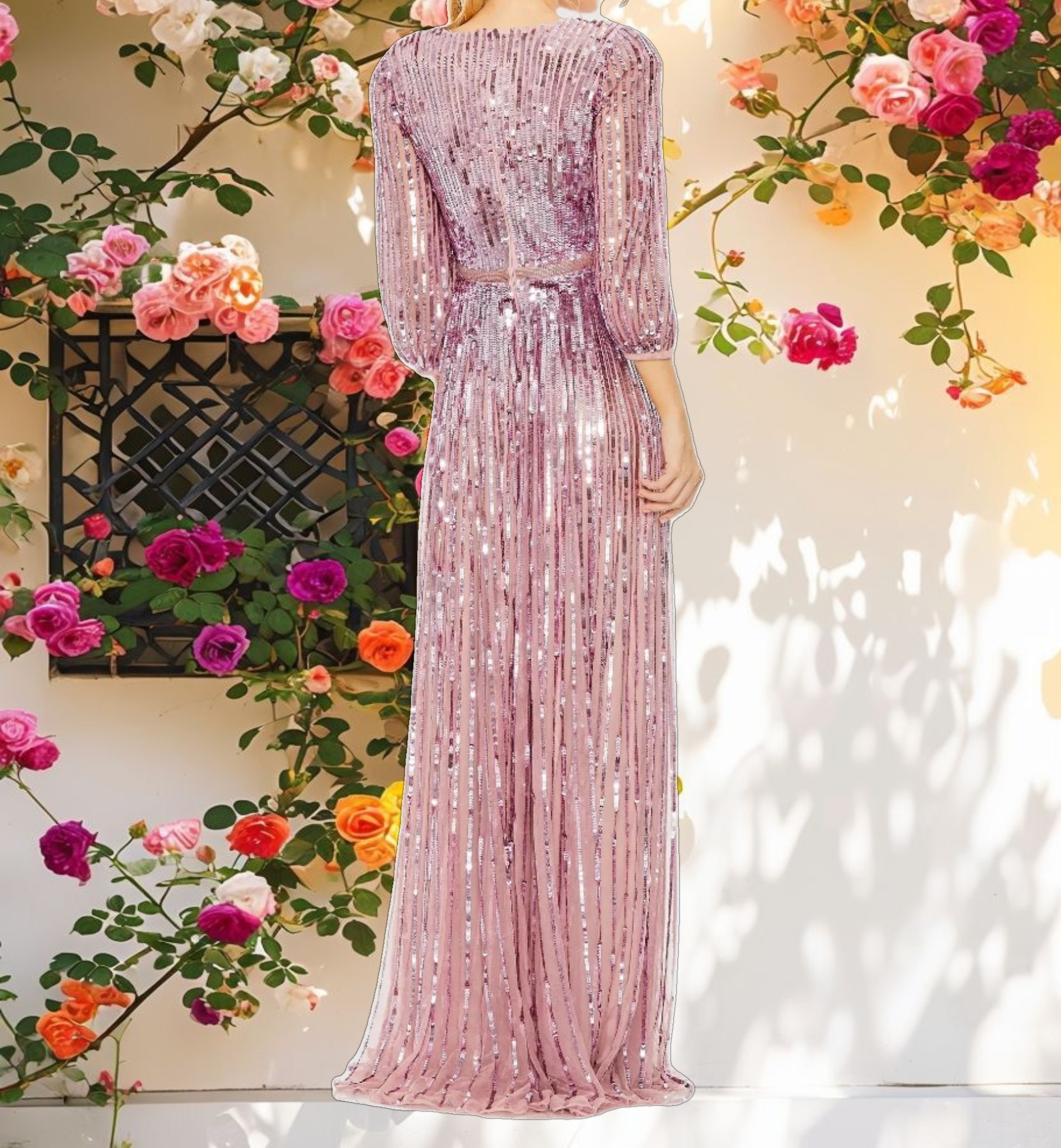 Purple Sequined Wrap Over 3/4 Sleeve Gown