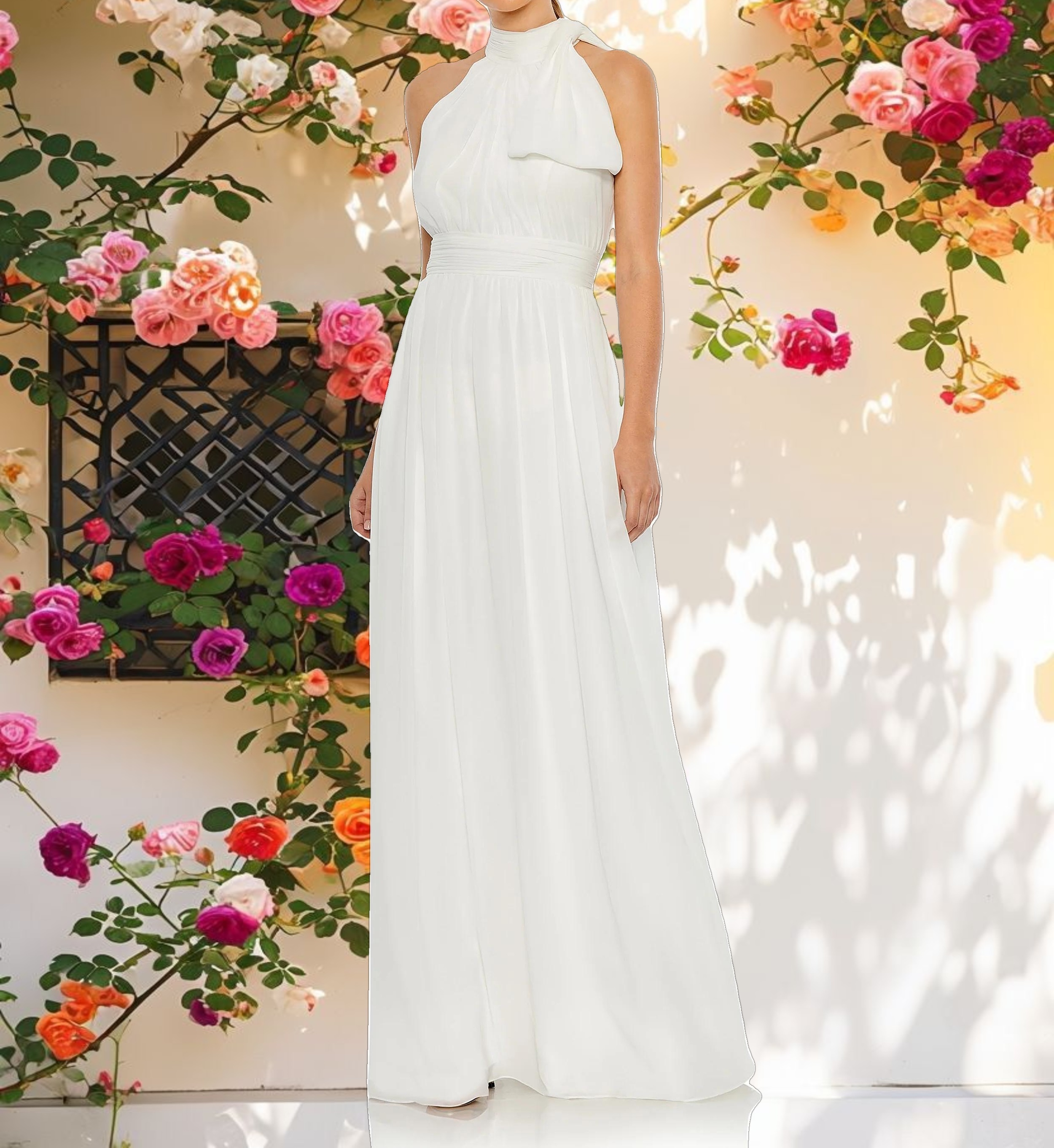 White High Neck Chiffon Gown