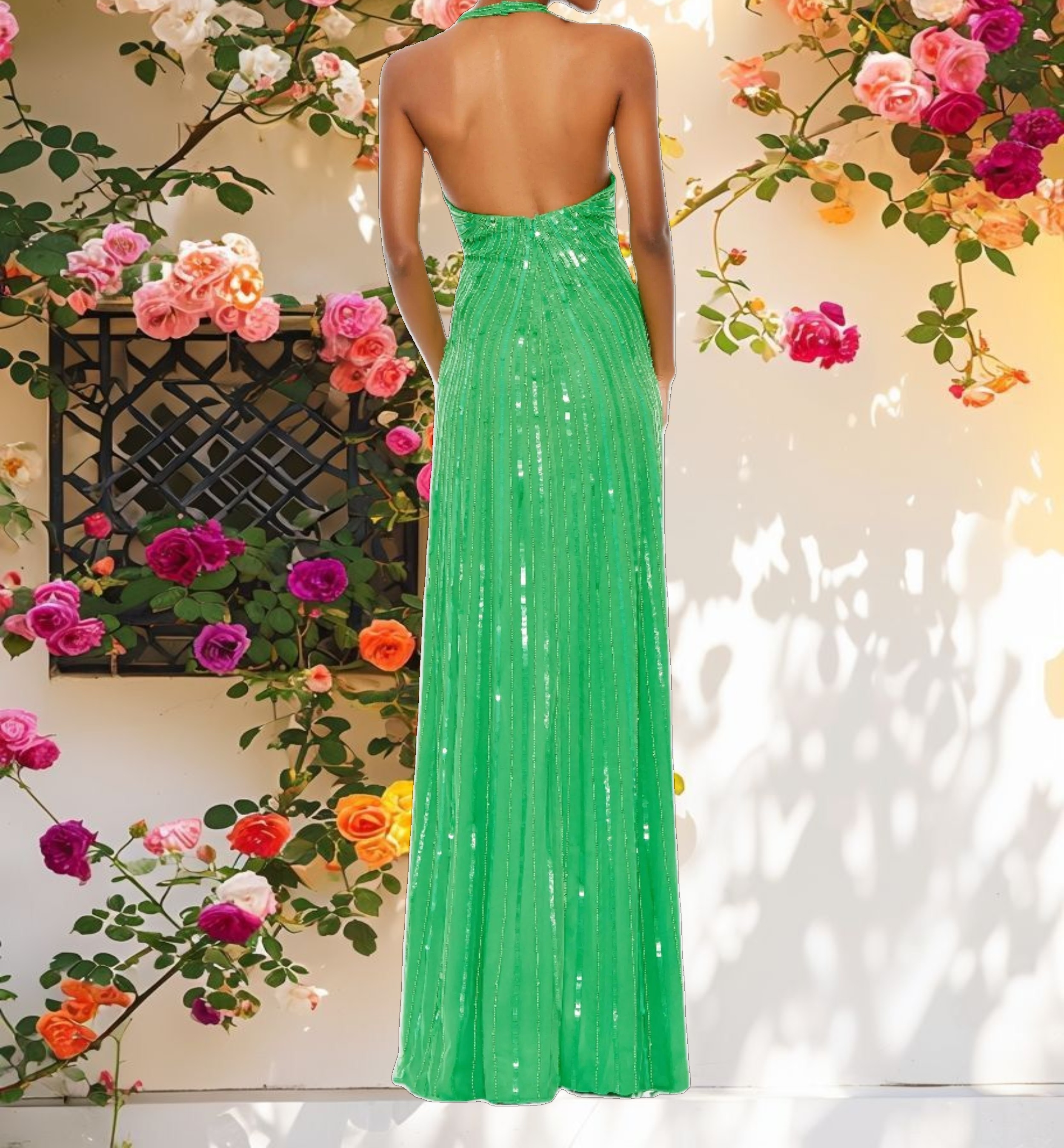 Green Halter Neck Sequin Gown